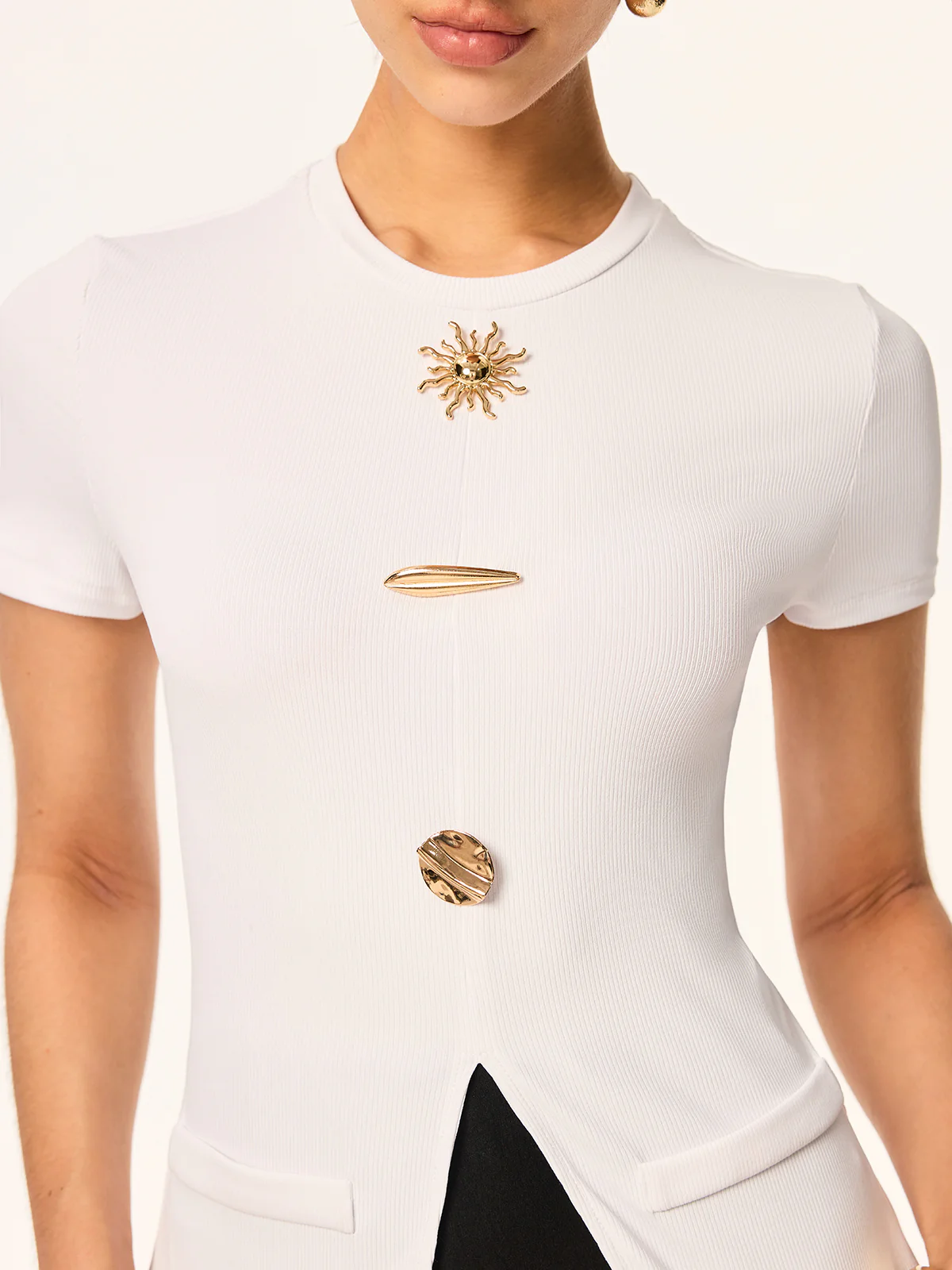 Short-Sleeved Top with Metal Embellishments and Front Slit - Wholesalesil