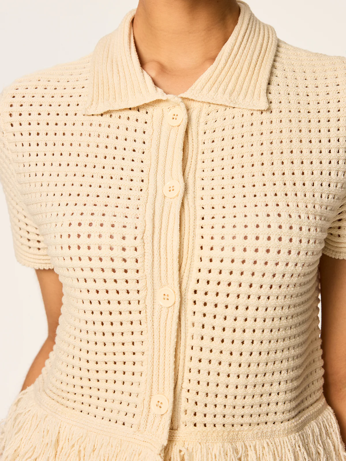 Fringed Mesh-Knit Polo Short Sleeve Top - Wholesalesil