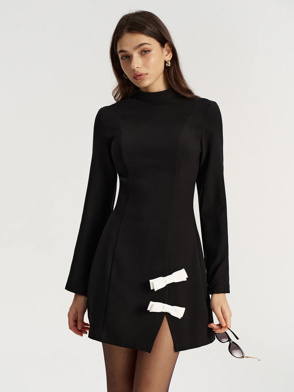 Contrast Bow Slit Mock Neck Mini Dress - Wholesalesil