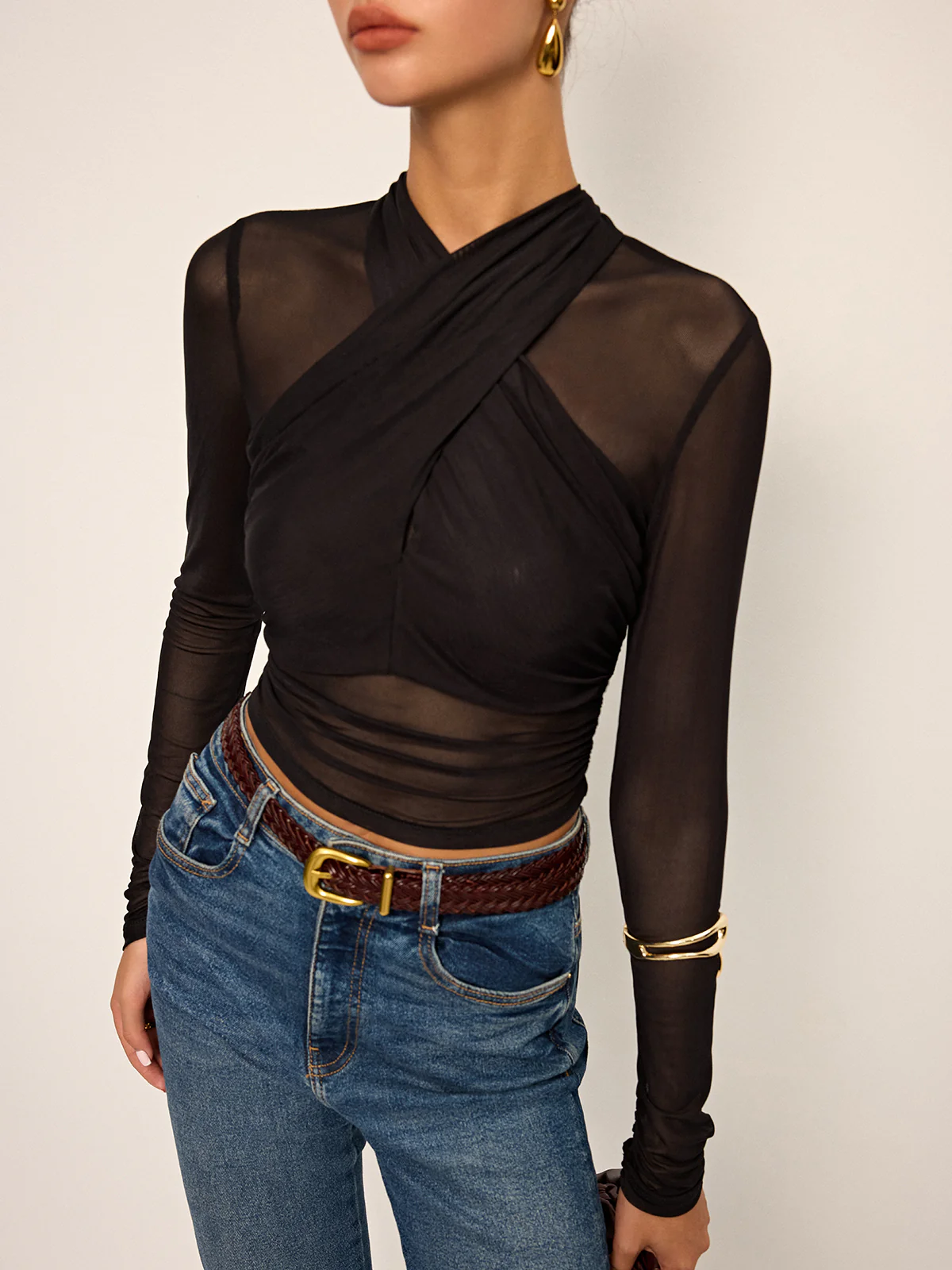 Semi-Sheer Mesh Cross-Front T-Shirt - Wholesalesil