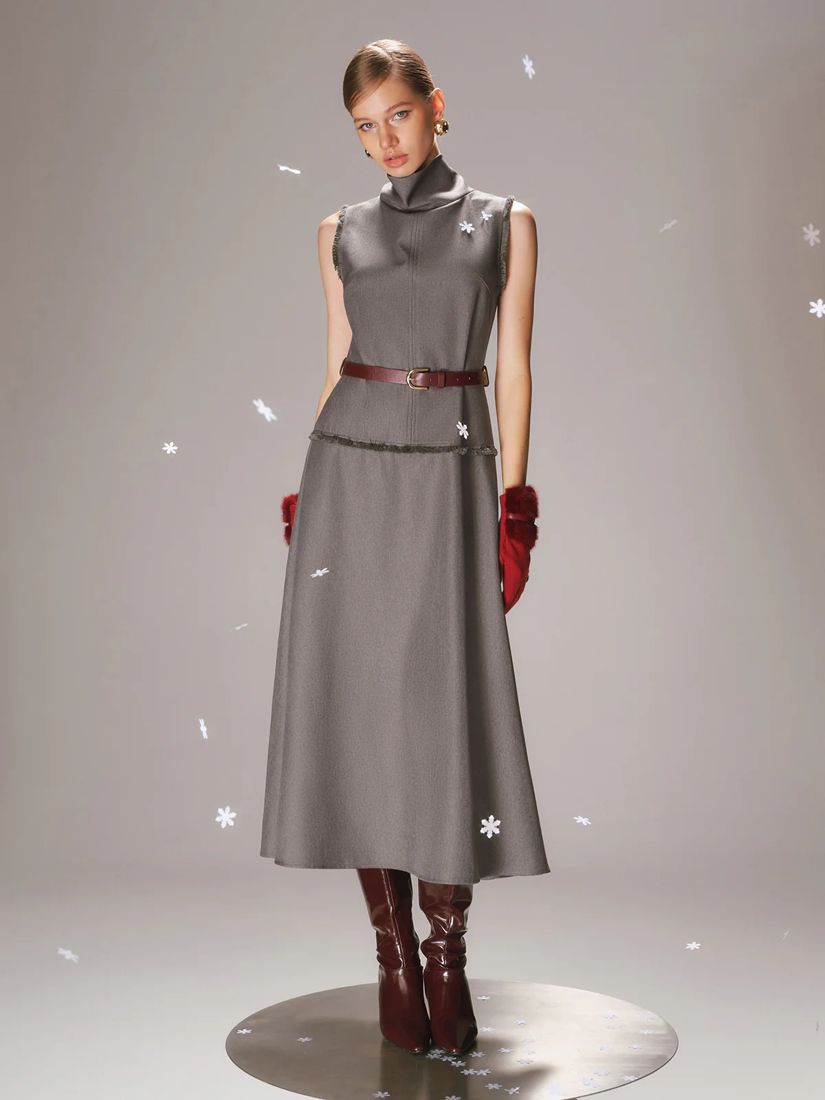 Belted Turtleneck Sleeveless Maxi Dress - Wholesalesil