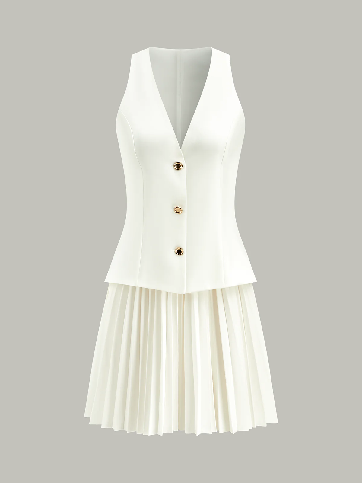 Sleeveless Buttoned Vest-Style Pleated Dress - Wholesalesil