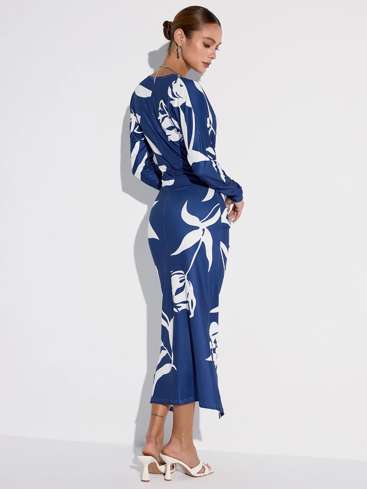Printed Plunge Neck Slit Midi Dress - Wholesalesil