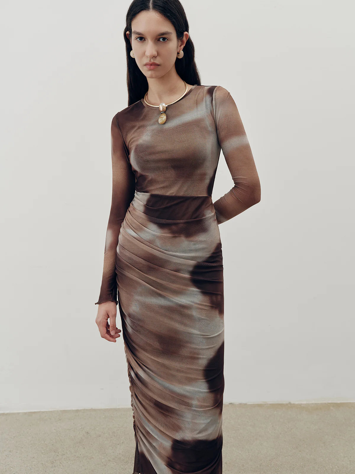 Tie-Dye Ruched Mesh Maxi Dress - Wholesalesil
