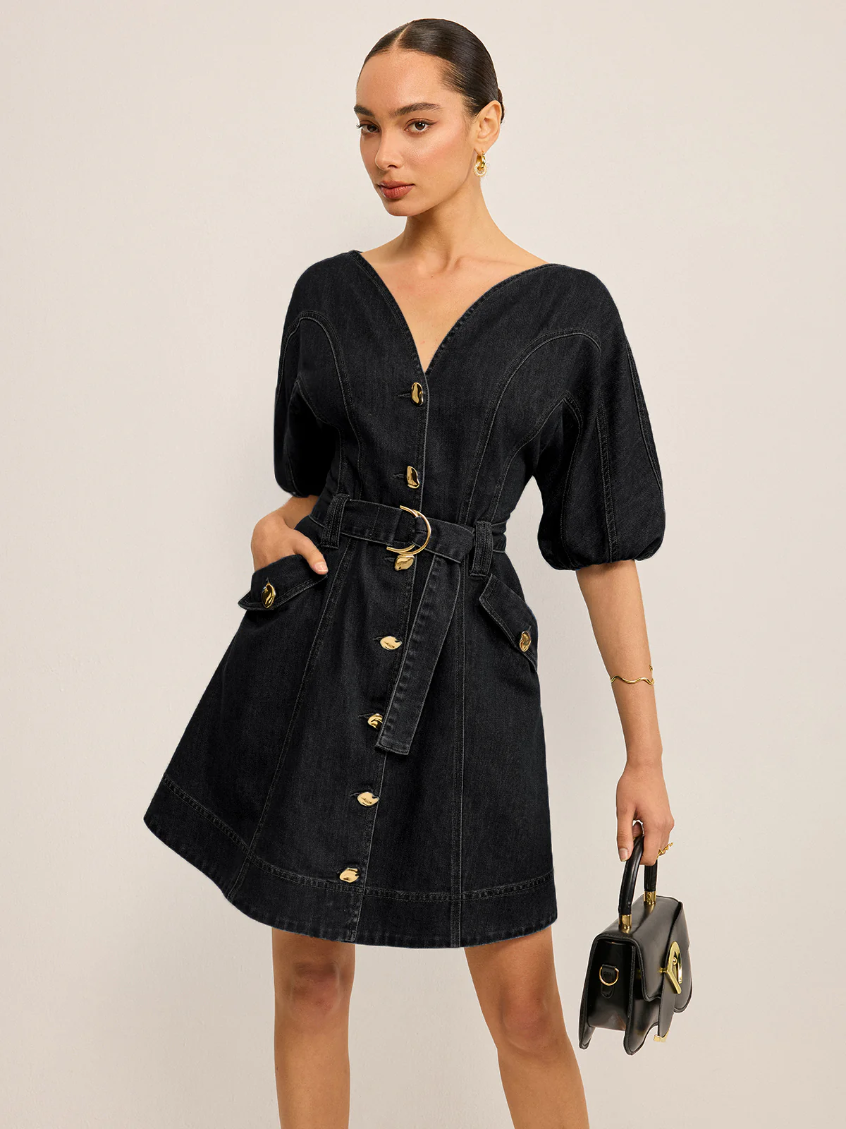 Pocketed Belted Denim Dress - Wholesalesil