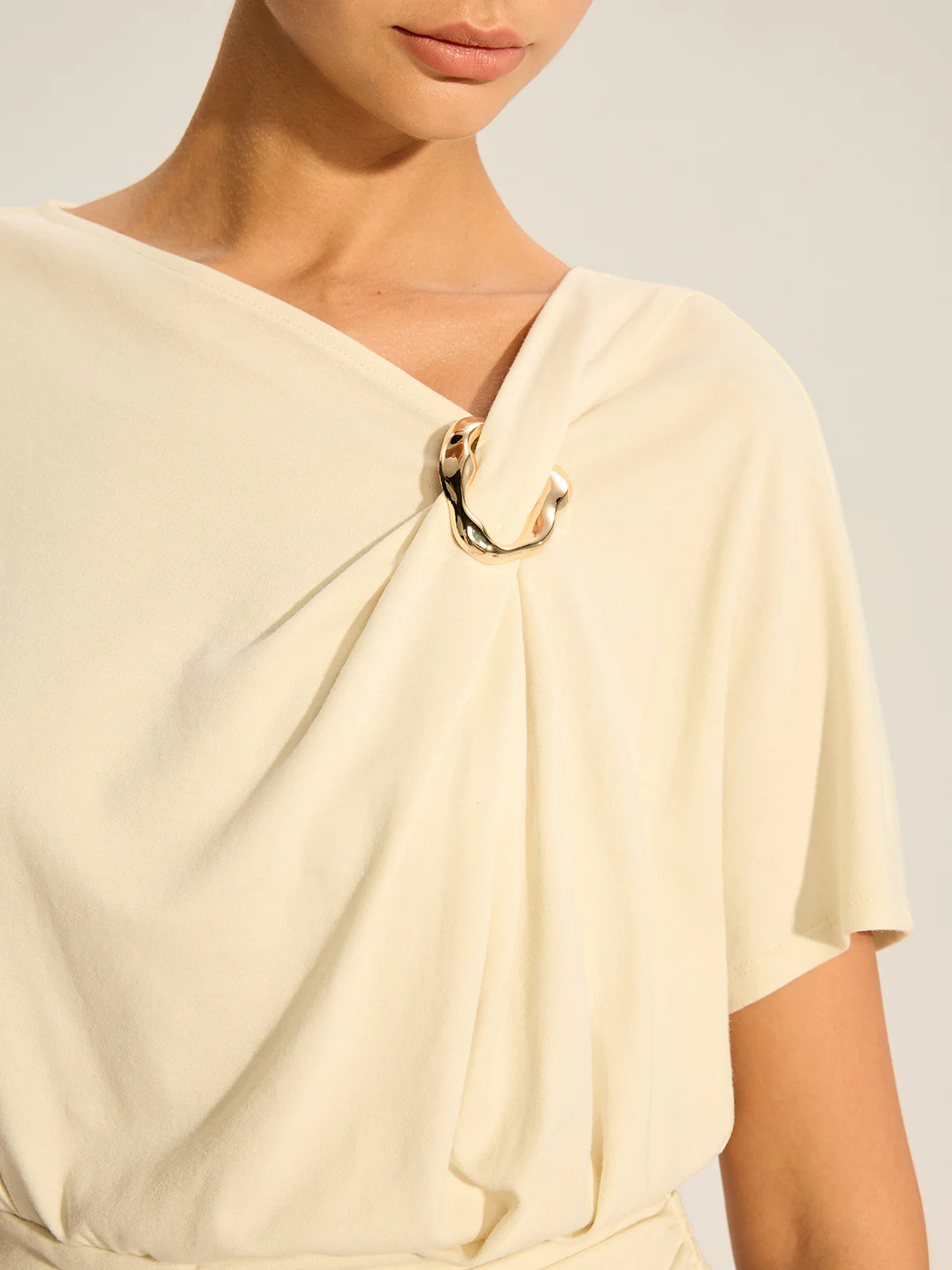 Asymmetrical Ruched Draped Top with Metal Ring Detail - Wholesalesil