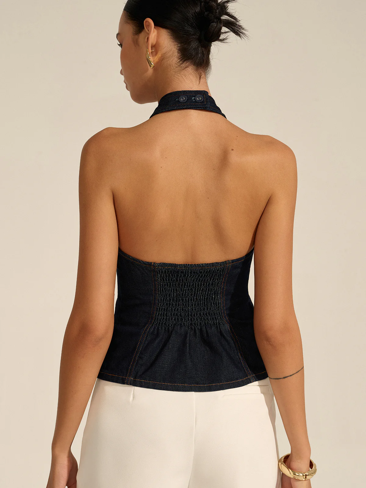 Denim Halter Crisscross Backless Top - Wholesalesil