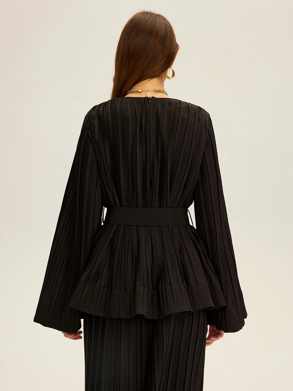 Pleated Bell Sleeve Belted Peplum Blouse - Wholesalesil