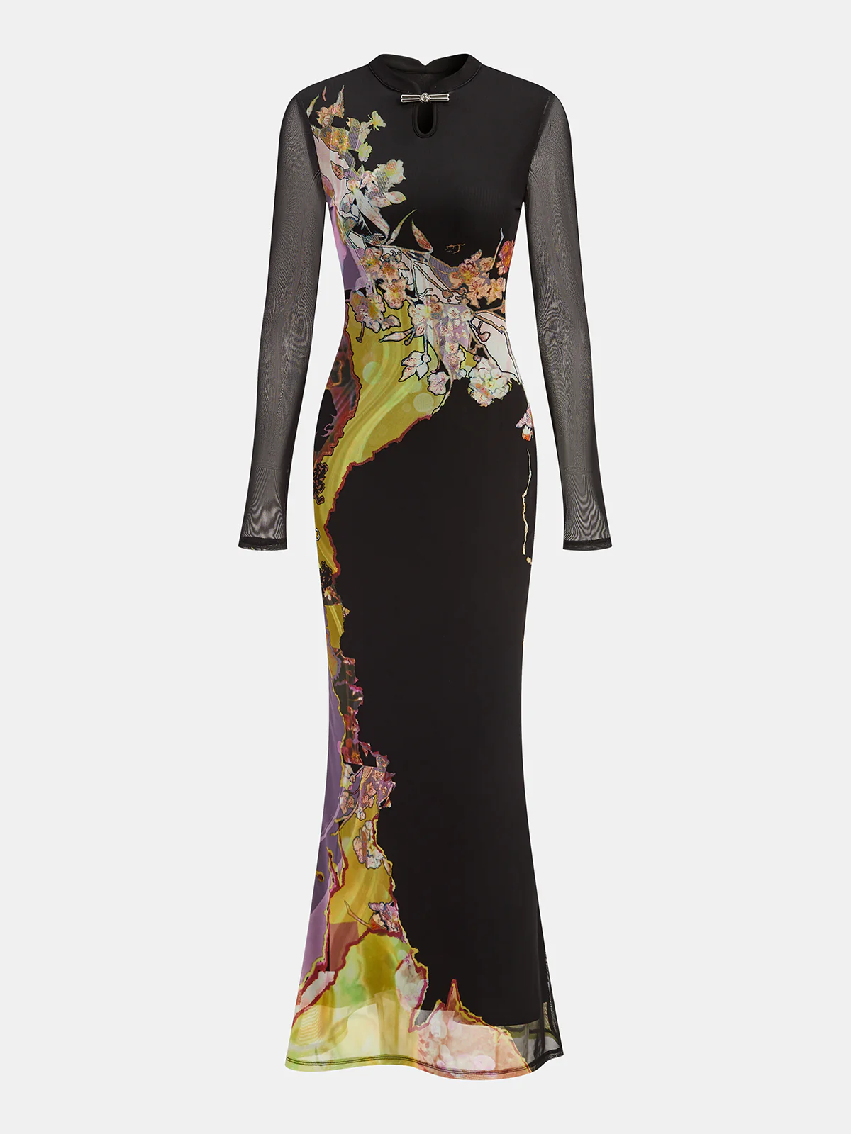 Mesh Long Sleeve Floral Print Maxi Dress - Wholesalesil