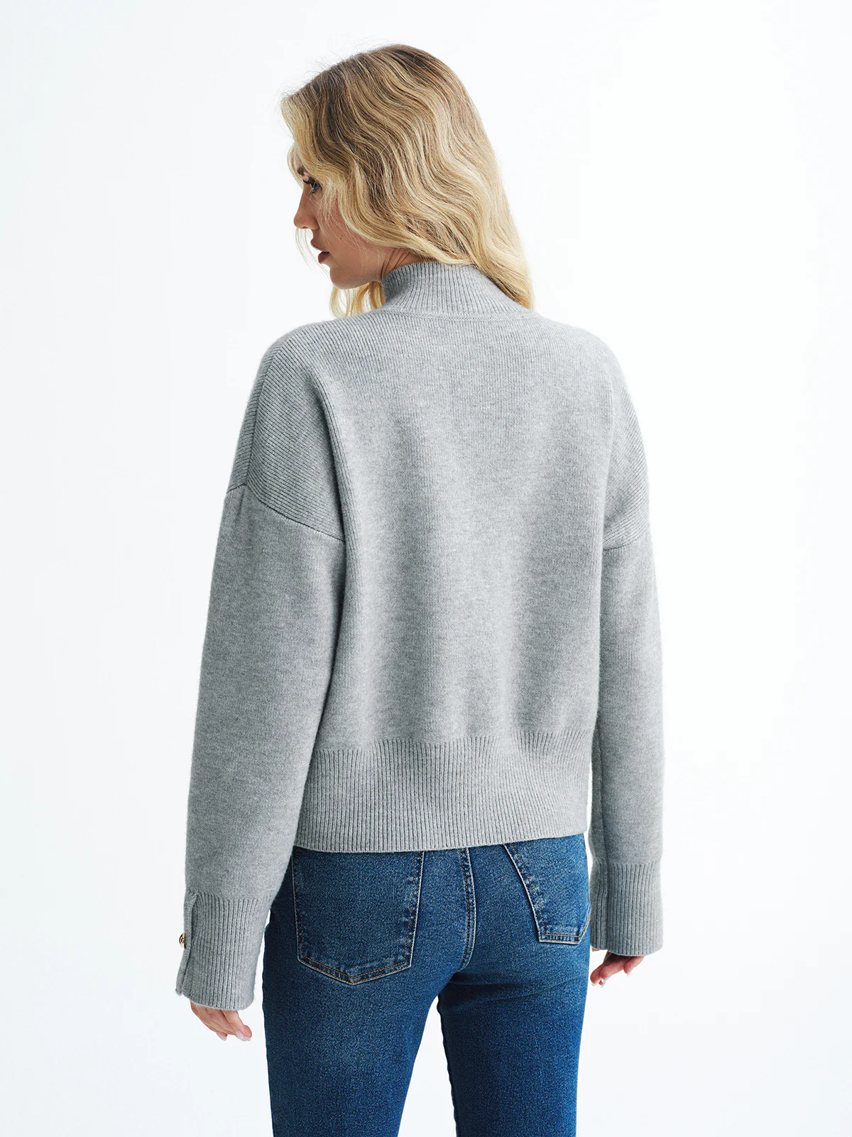 Button Detail Stand Collar Casual Sweater - Wholesalesil