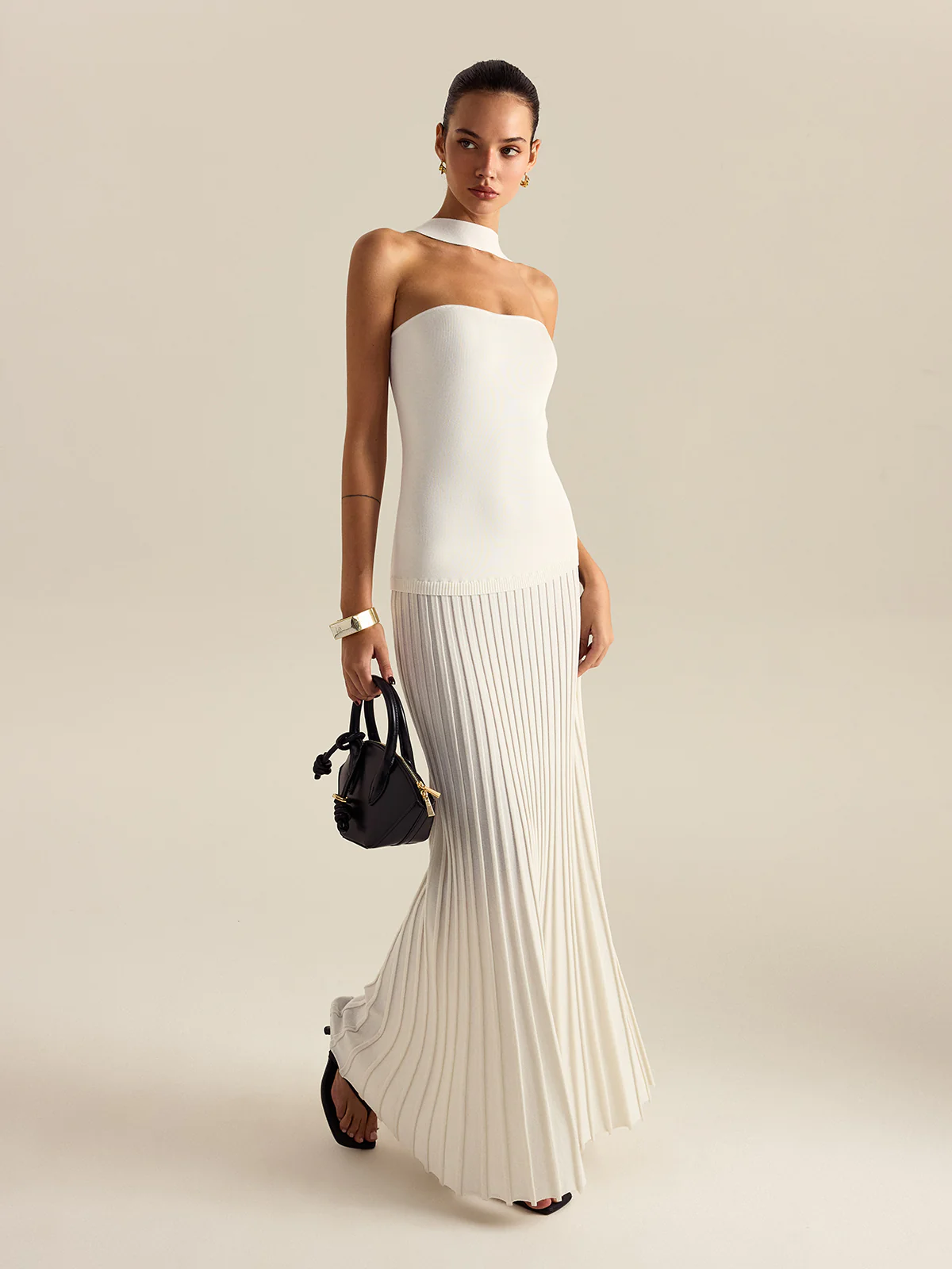 Halterneck Pleated Maxi Dress - Wholesalesil
