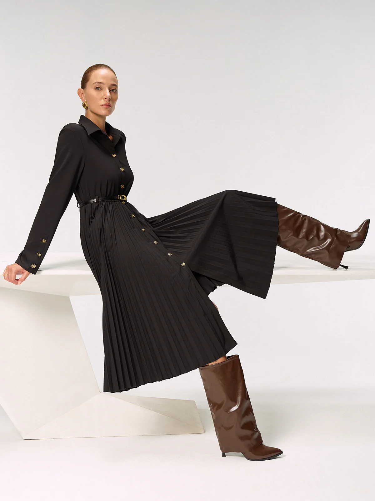 Metal Button Belted Pleated Shirt Dress - Wholesalesil