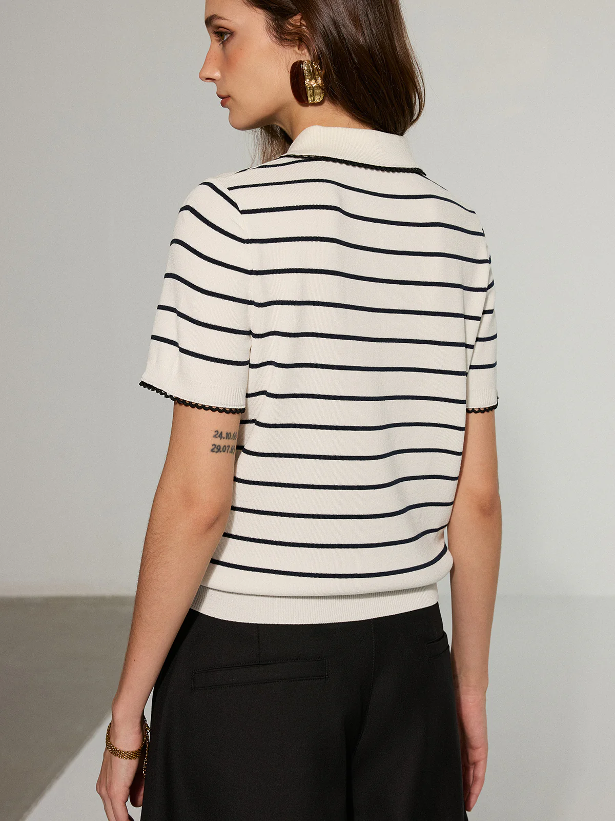 Contrast Wave Trim Striped Polo Knit Top - Wholesalesil