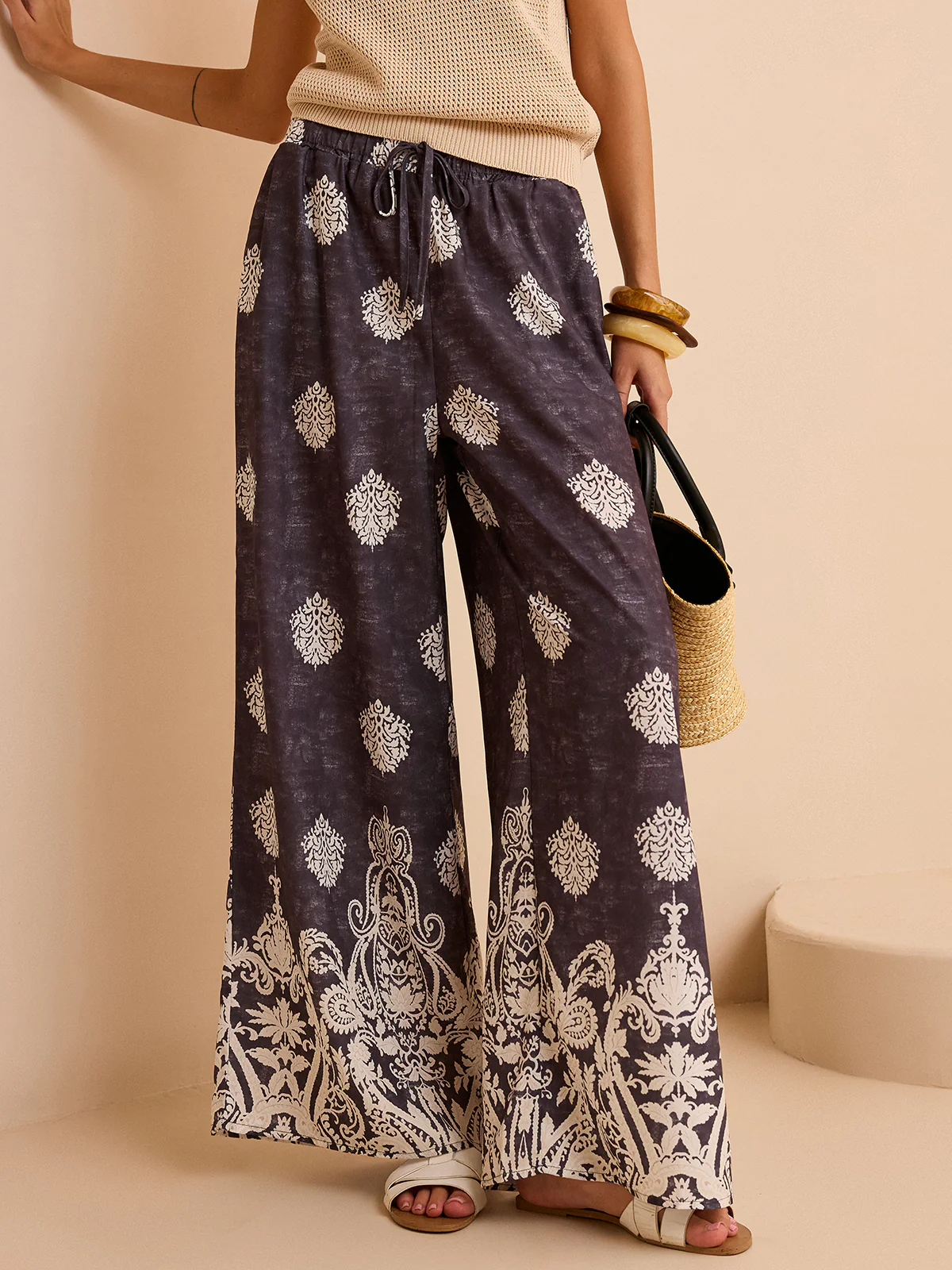 Printed Wide-Leg Pants - Wholesalesil