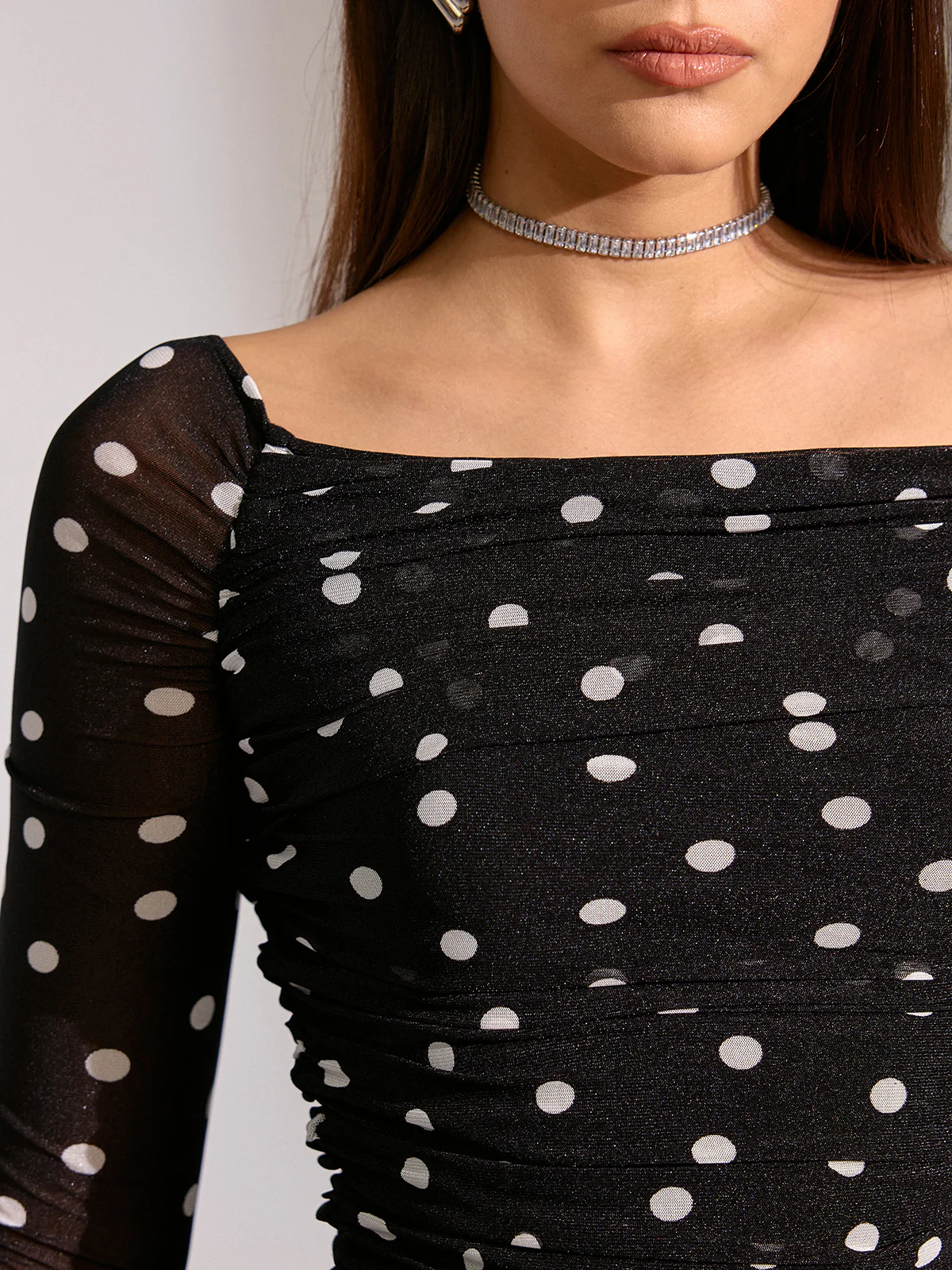 Semi-Sheer Mesh Polka Dot Ruched Off-Shoulder T-Shirt - Wholesalesil