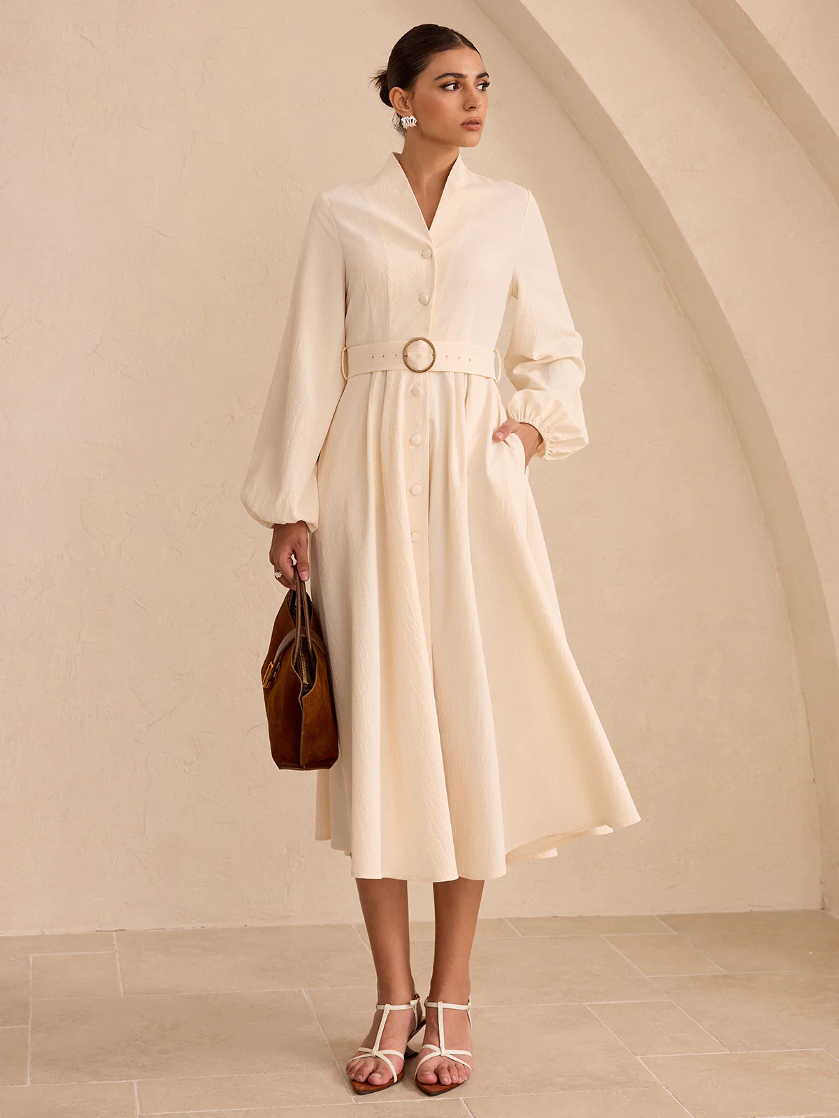 Belted Button-Front Long-Sleeve Midi Dress - Wholesalesil