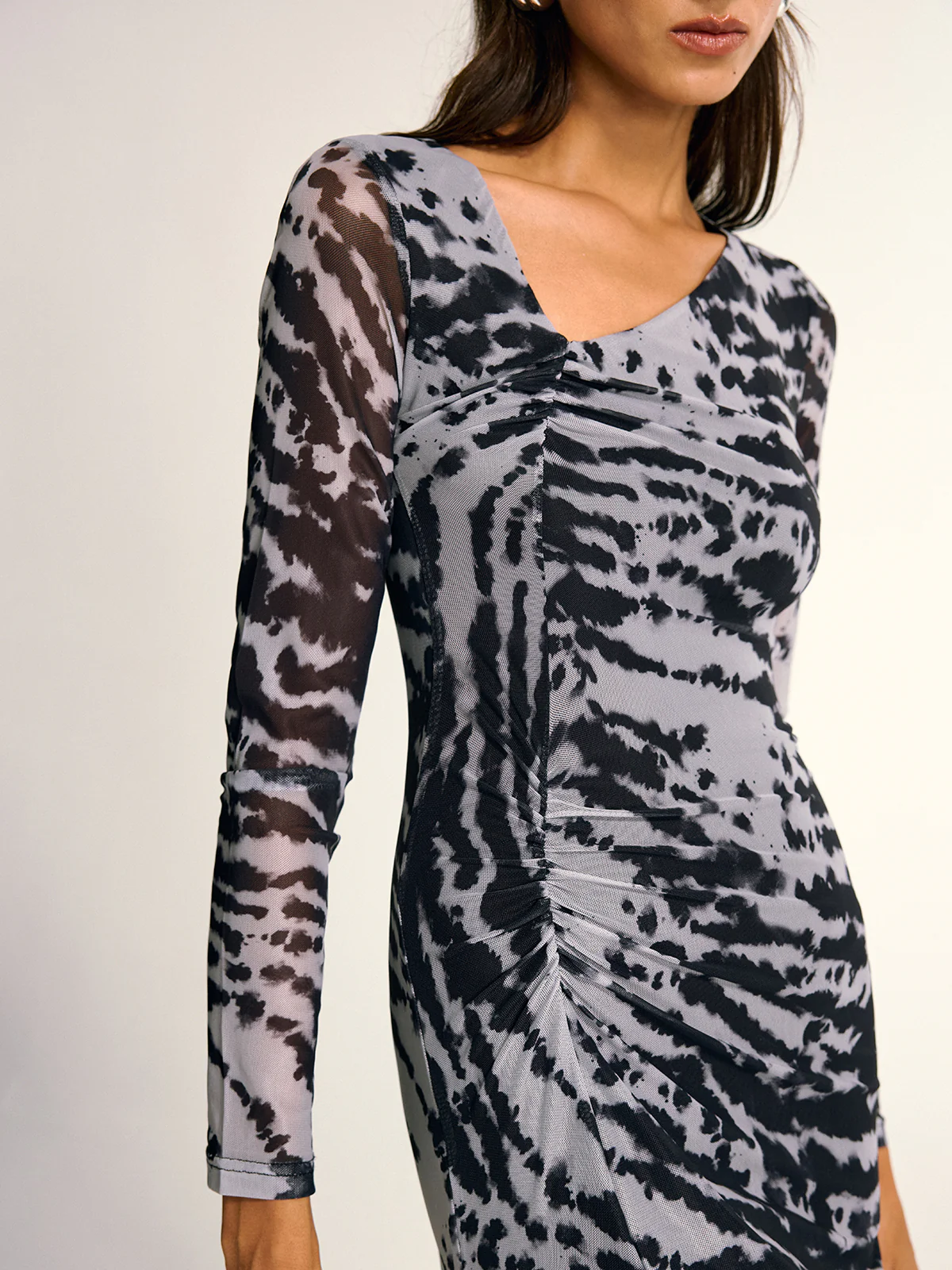 Long Sleeve Ruched Abstract Print Dress - Wholesalesil