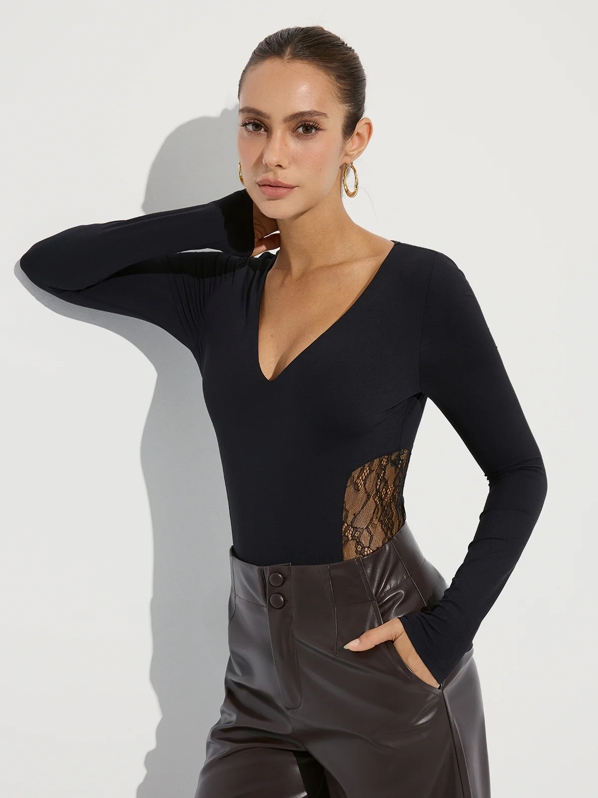 Bra-Free Deep V-Neck Lace Panel Bodysuit - Wholesalesil