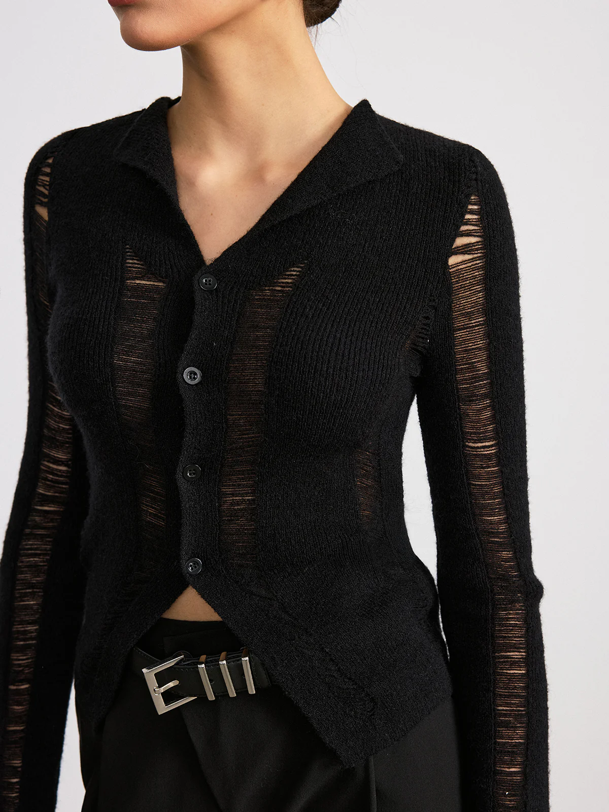 Sheer Panel Button Front Lapel Blouse - Wholesalesil