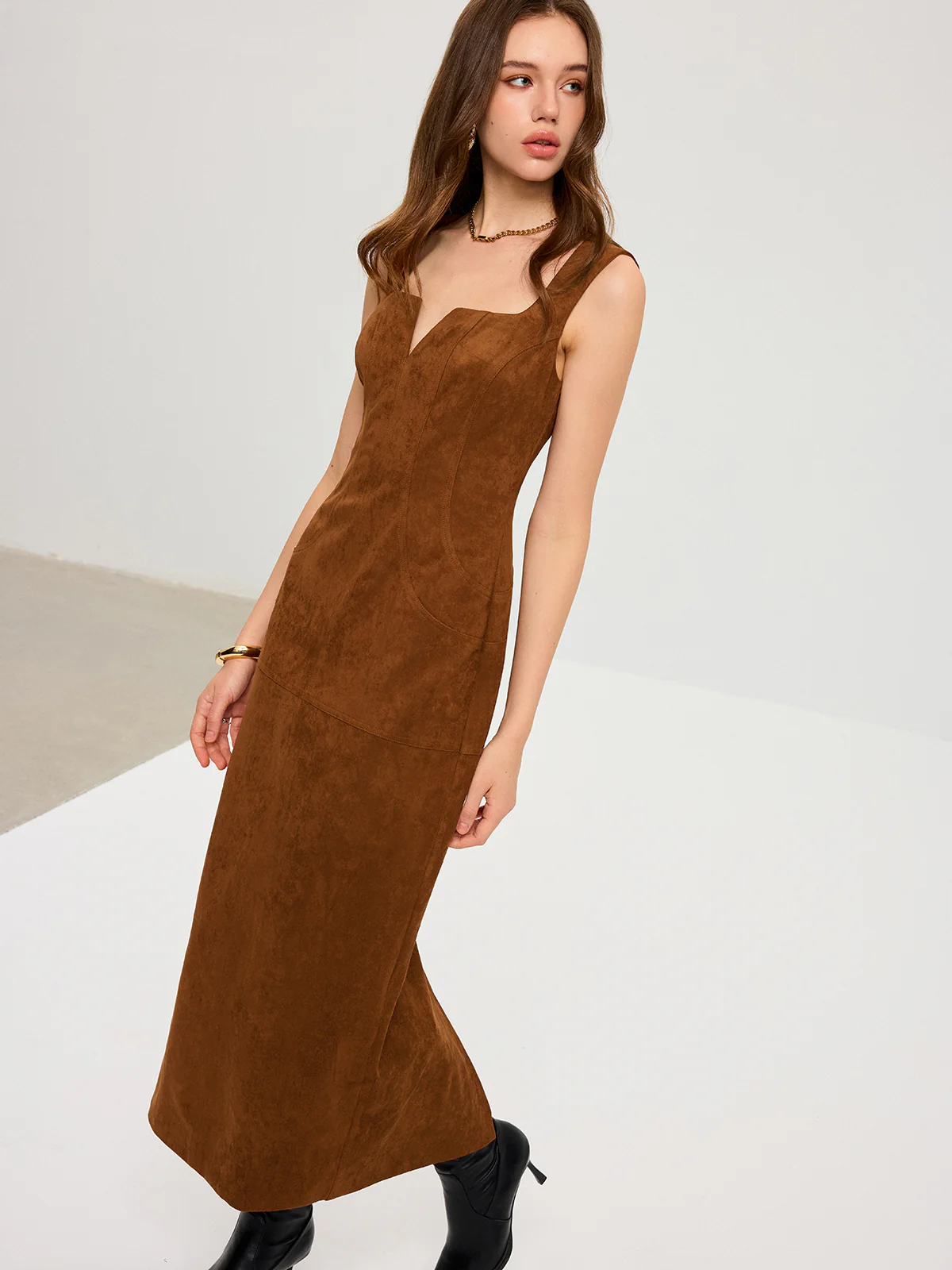Suede Effect Low-Neck Sleeveless Maxi Dress - Wholesalesil