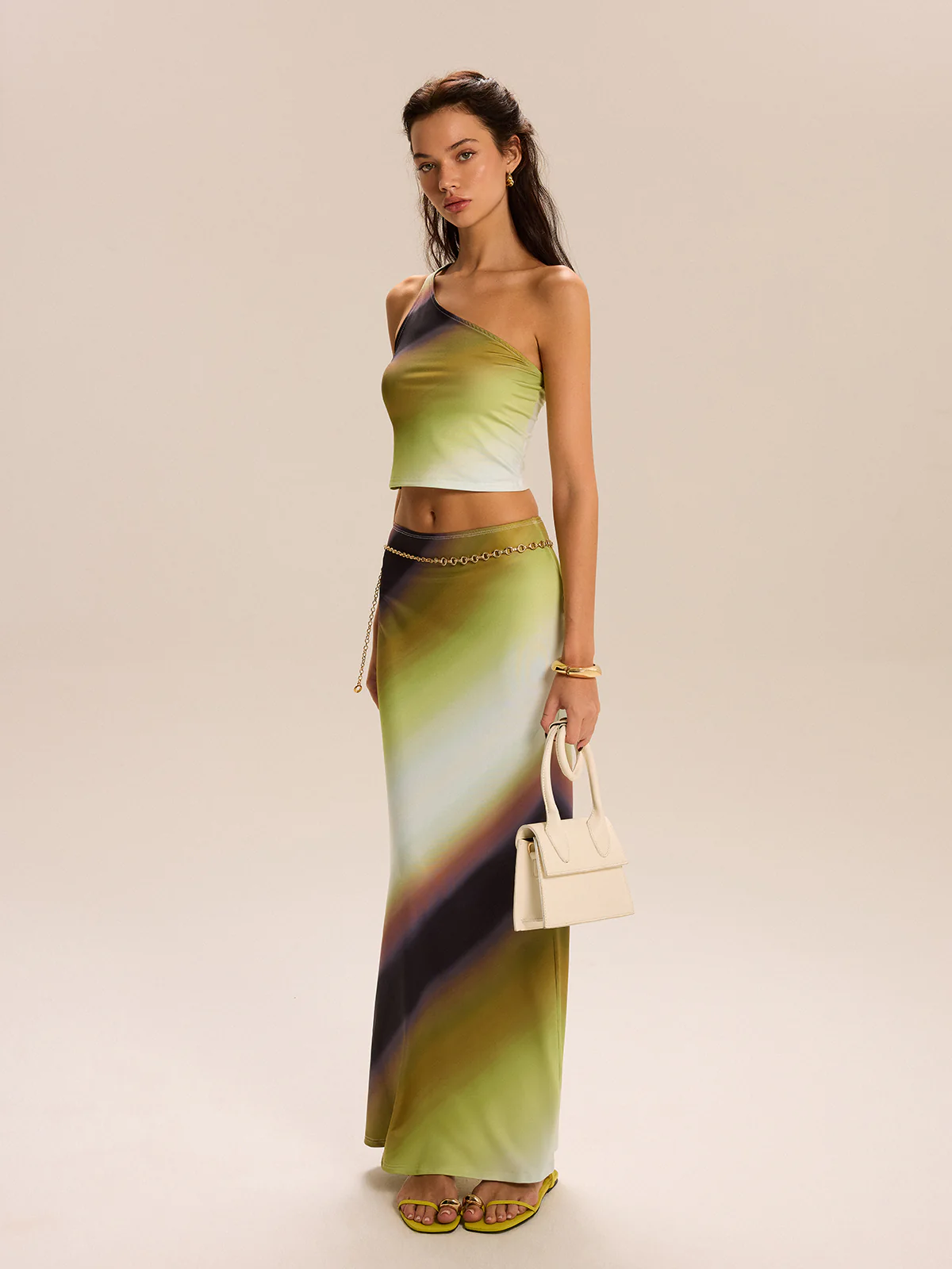 Gradient Print One-Shoulder Skirt Set - Wholesalesil