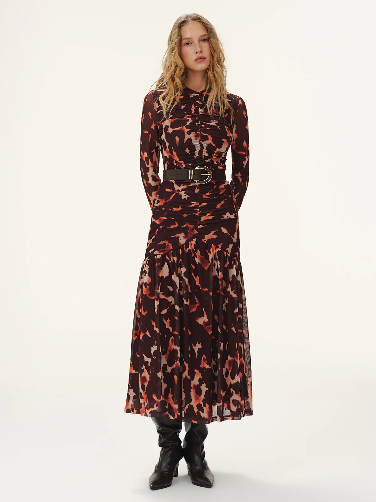 Leopard Print Ruched Mesh Maxi Dress without Belt - Wholesalesil