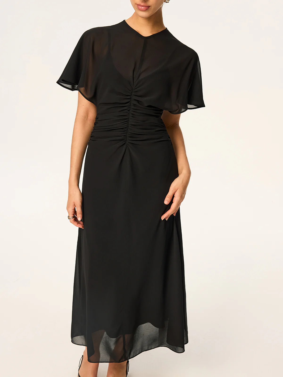 Sheer Chiffon Midi Dress with Lining Slip Two-Piece Set - Wholesalesil