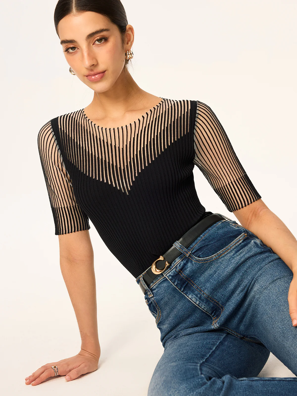 Sheer Striped Panel Ribbed Knit Top - Wholesalesil
