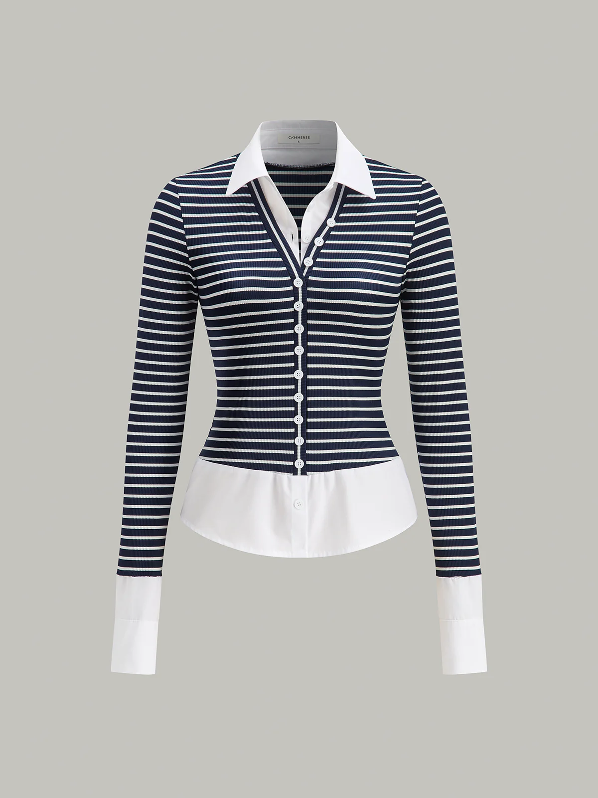 2 in 1 Striped Ribbed Paneled Long-Sleeve Blouse - Wholesalesil