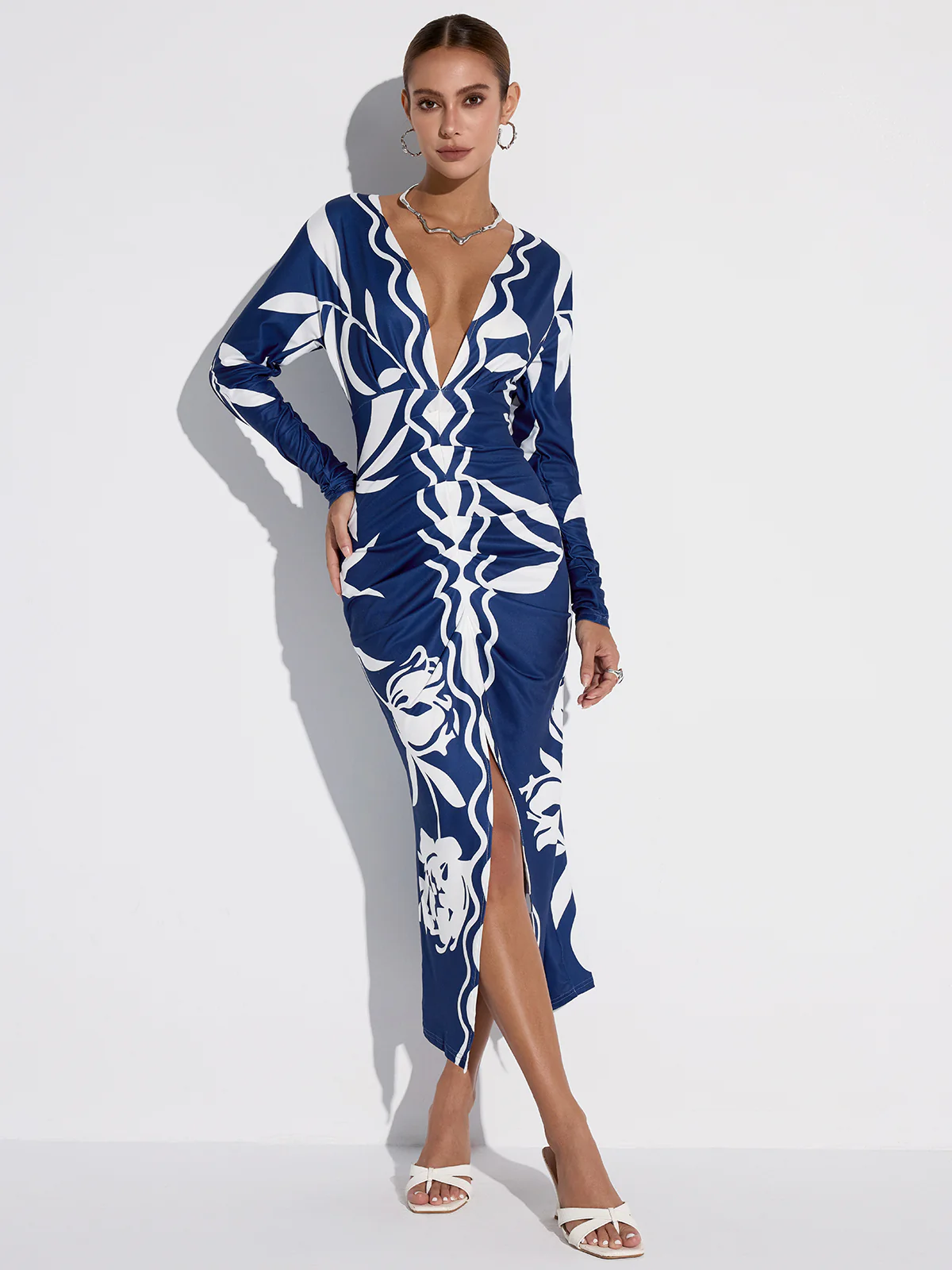 Printed Plunge Neck Slit Midi Dress - Wholesalesil