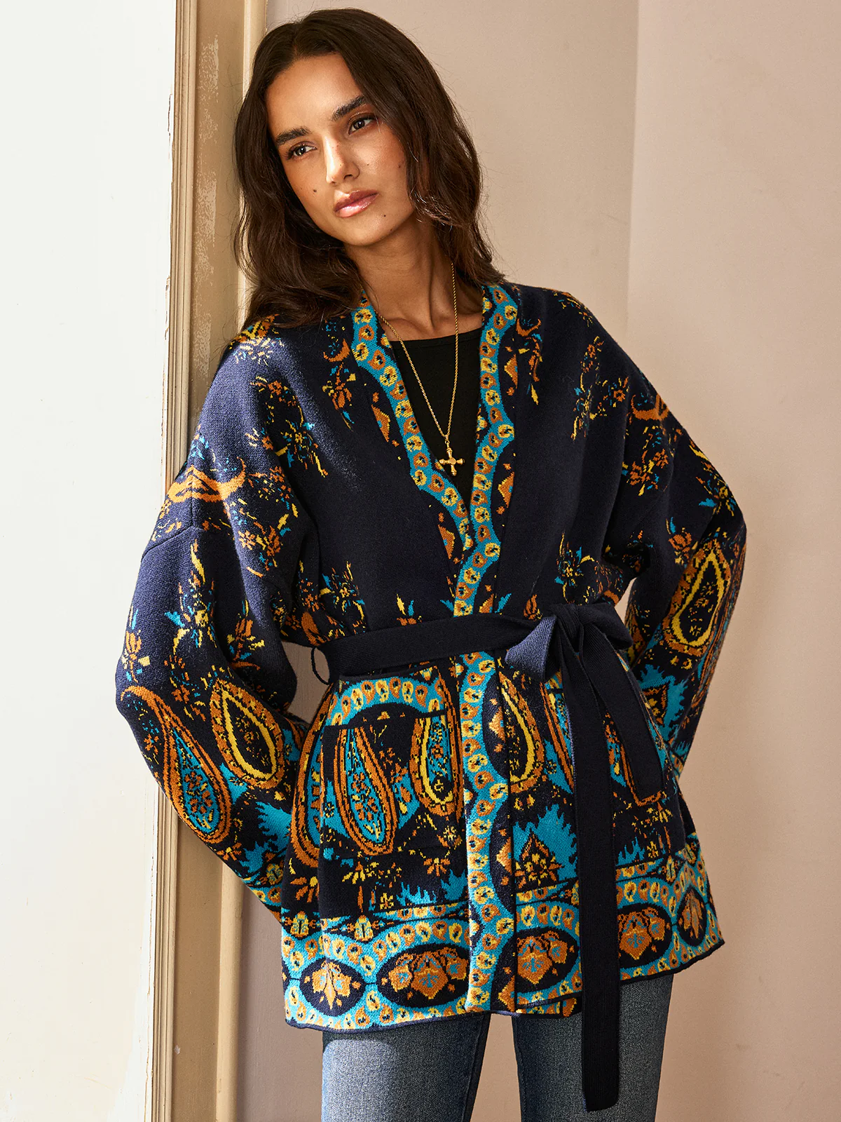 Paisley Print Belted Cardigan - Wholesalesil