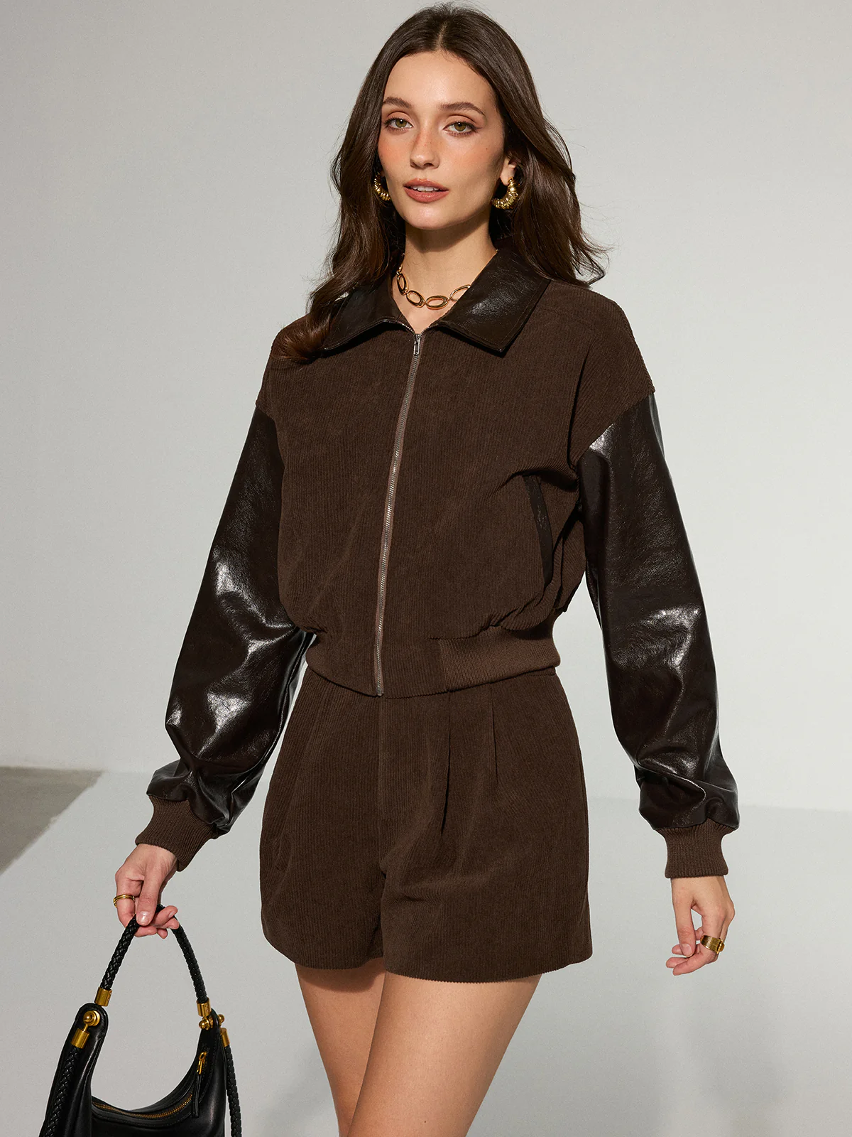 Faux Leather Panel Corduroy Zip-Up Jacket - Wholesalesil