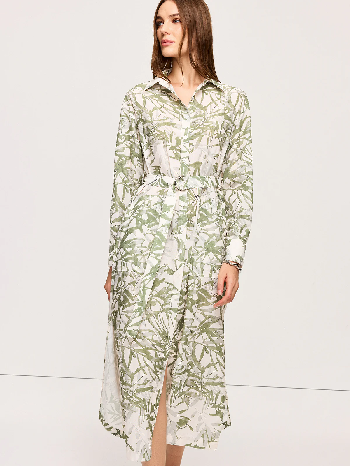 Leaf Printed  Belted Midi Dress with Slits - Wholesalesil