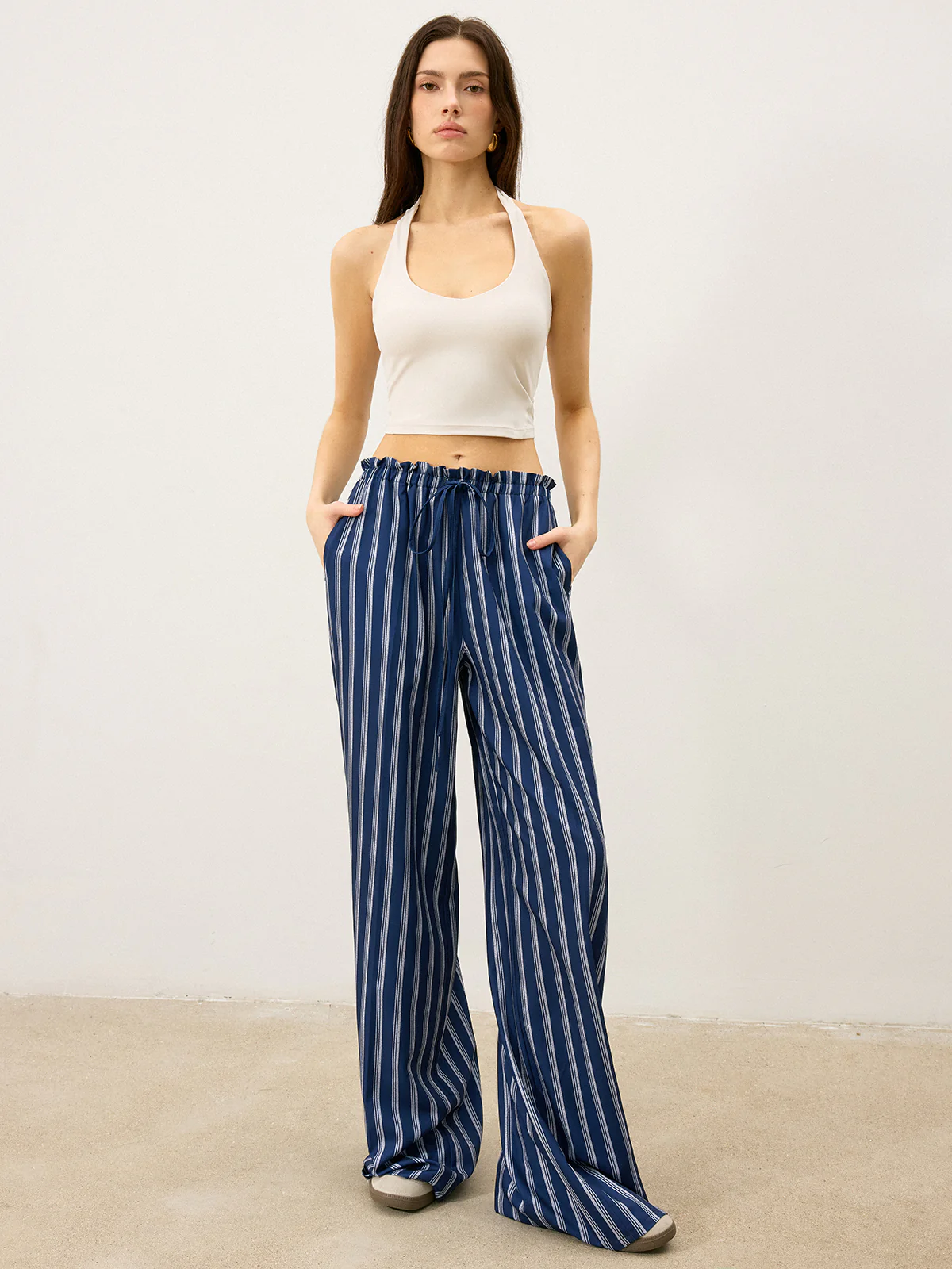 Striped Drawstring Wide-Leg Pants - Wholesalesil