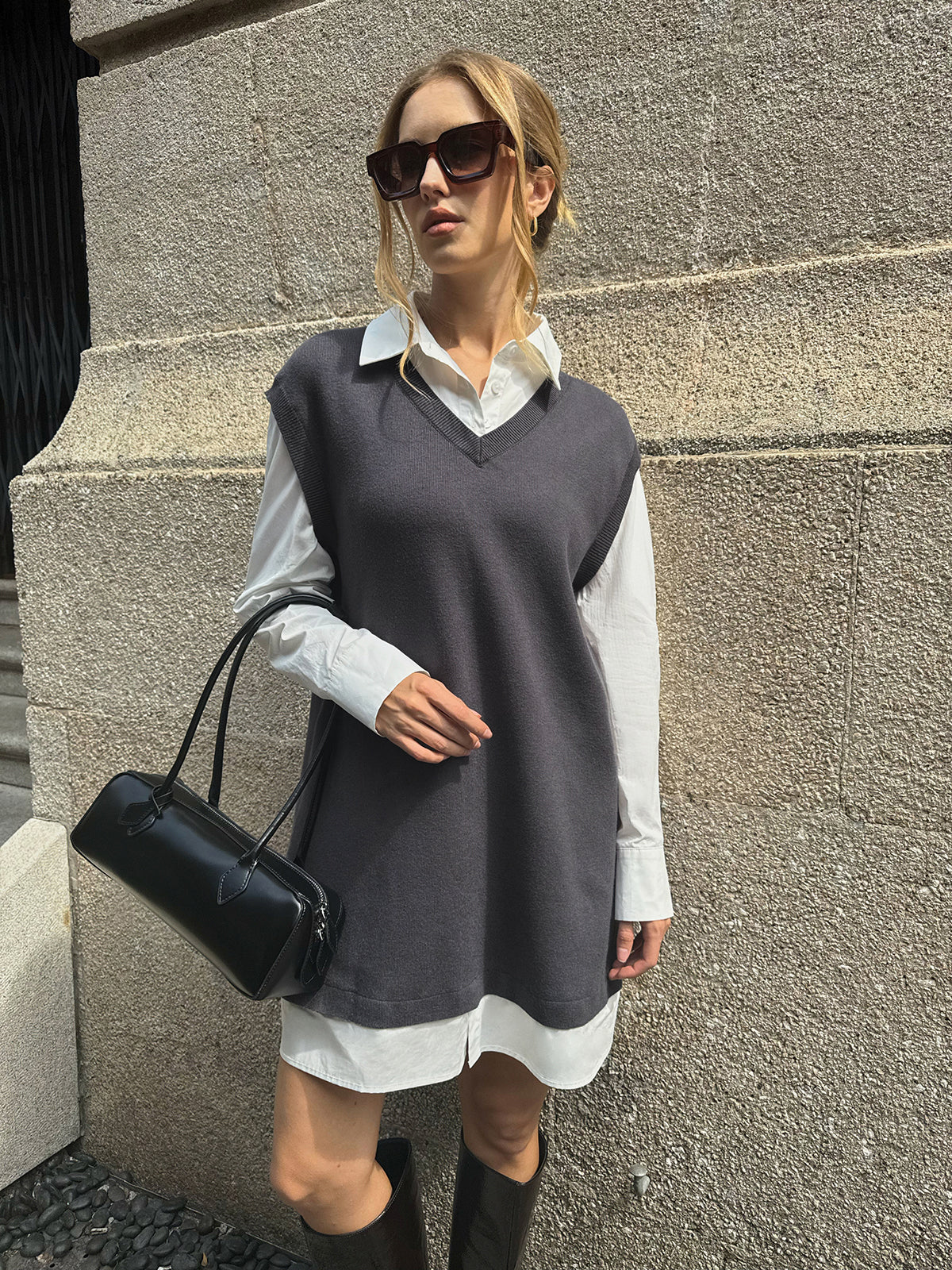 2 in 1 Shirt Paneled Knit Mini Dress - Wholesalesil