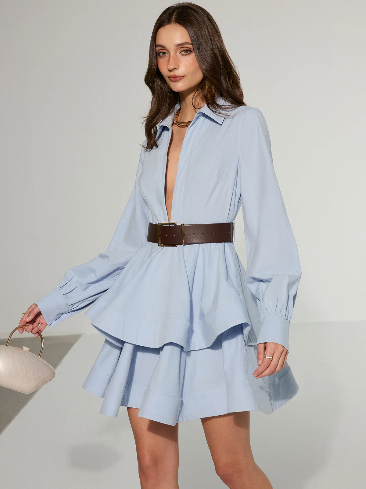 Belted Zip-Front Cotton Tiered Shirt Dress - Wholesalesil