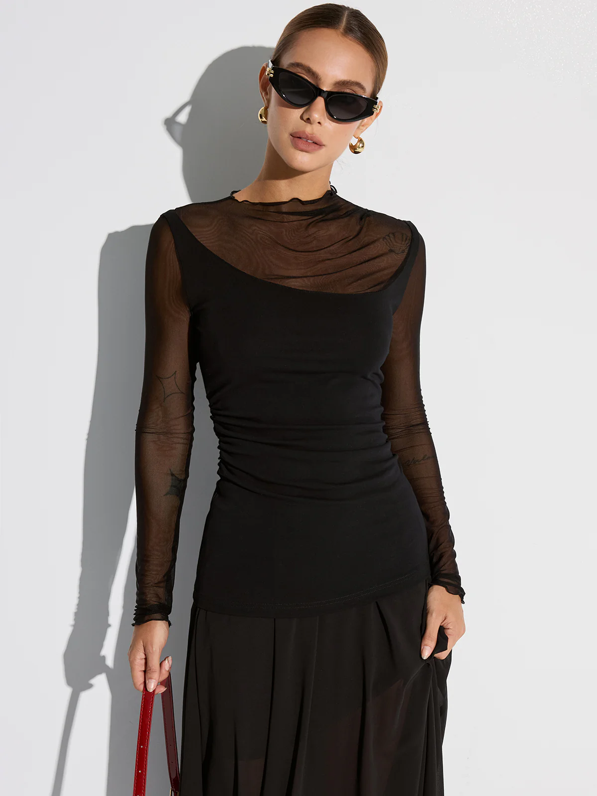 Semi-Sheer Mesh Panel Long Sleeve T-Shirt - Wholesalesil