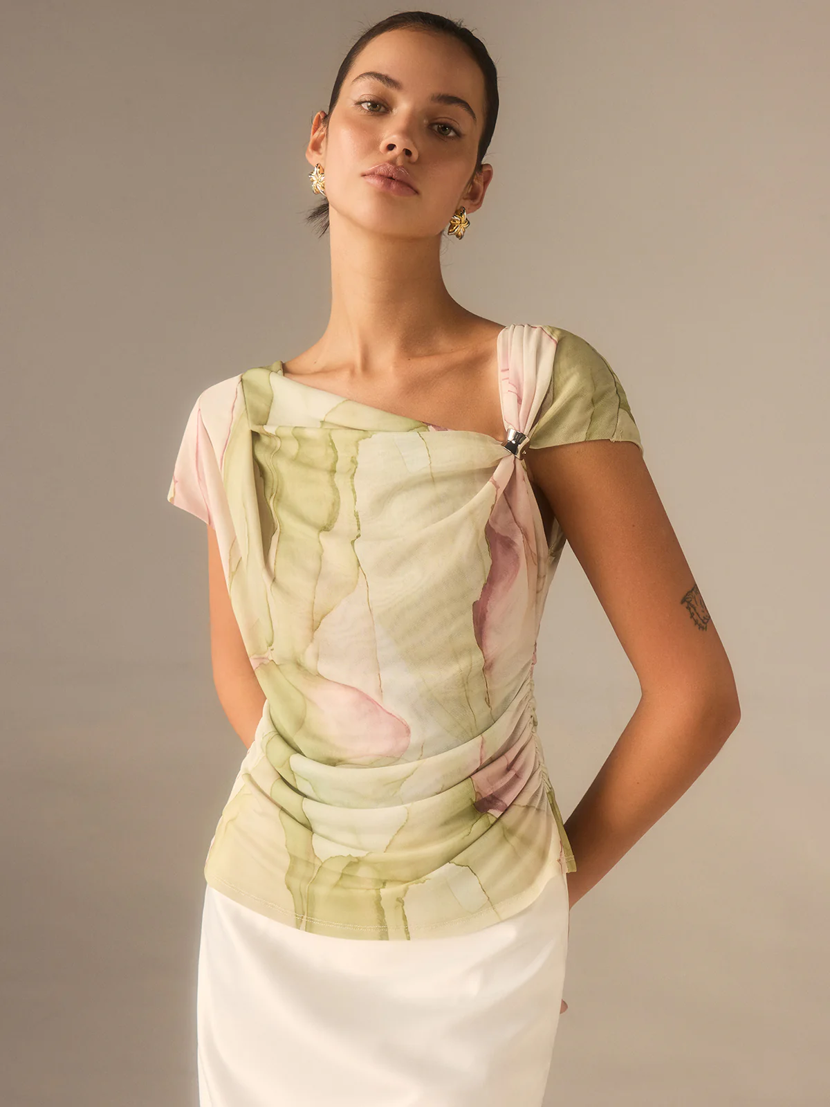 Print Asymmetric Neckline  Top - Wholesalesil