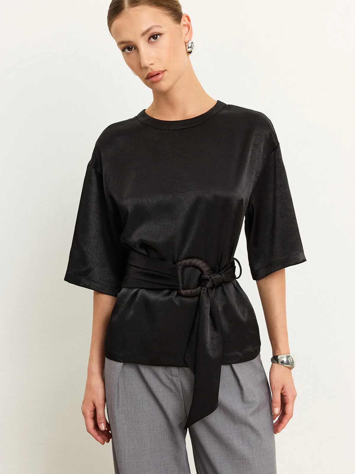 Belted Satin T-Shirt - Wholesalesil