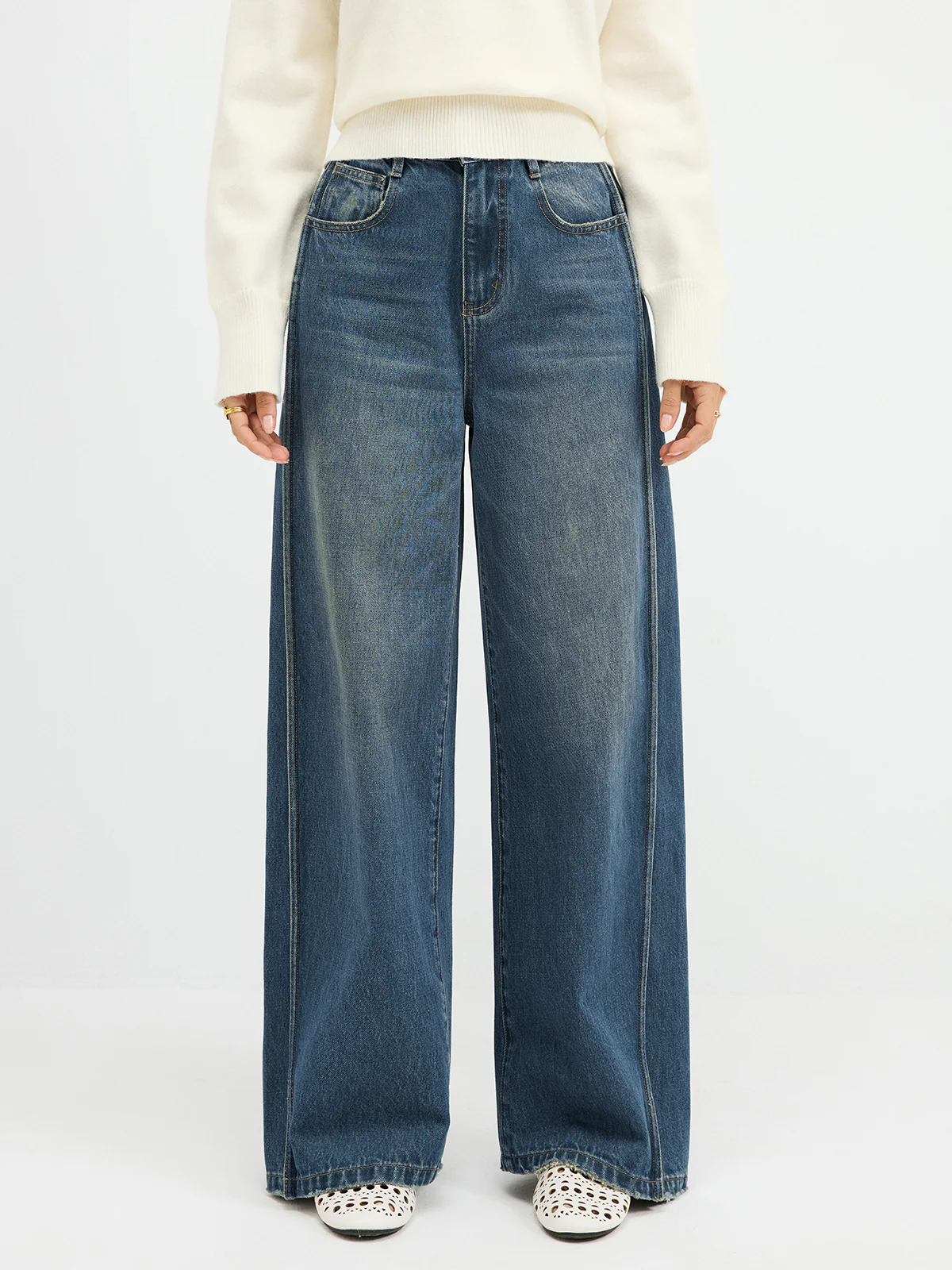 Side Panel Detail Mid-Waist Jeans - Wholesalesil