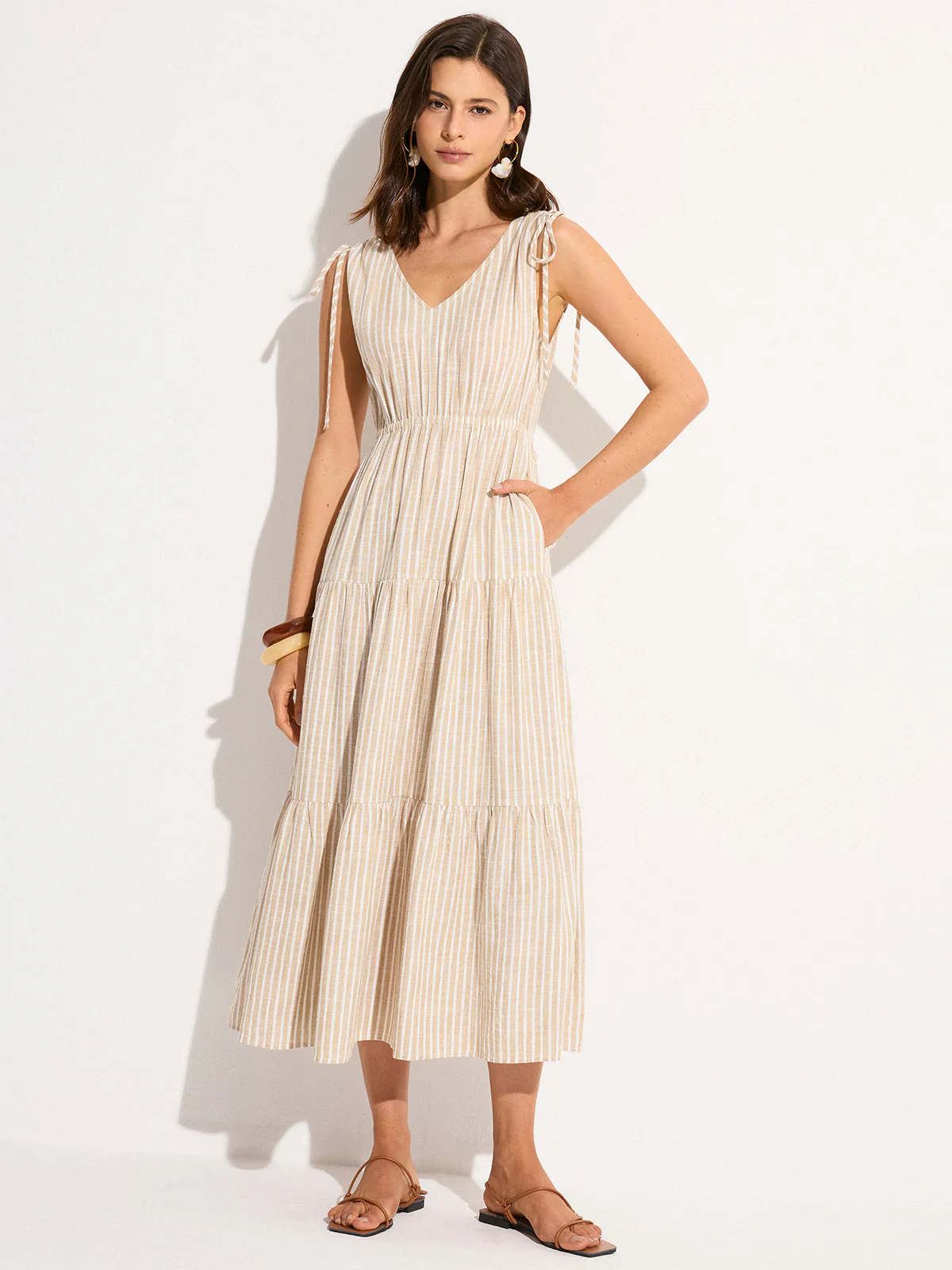 Pocketed Striped Linen & Cotton Tiered Maxi Dress - Wholesalesil