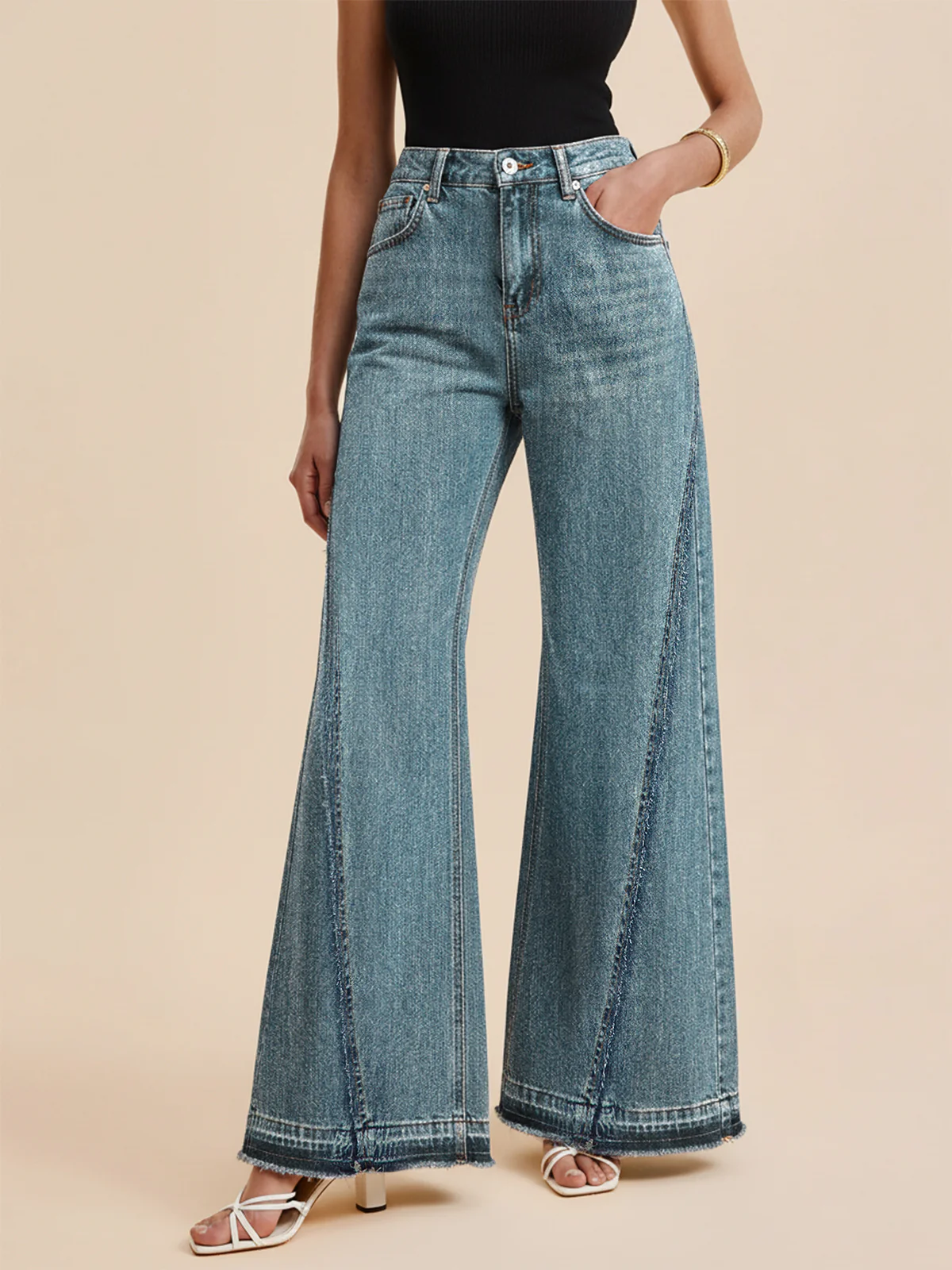 Frayed Hem Paneled Design High-Waisted Jeans - Wholesalesil