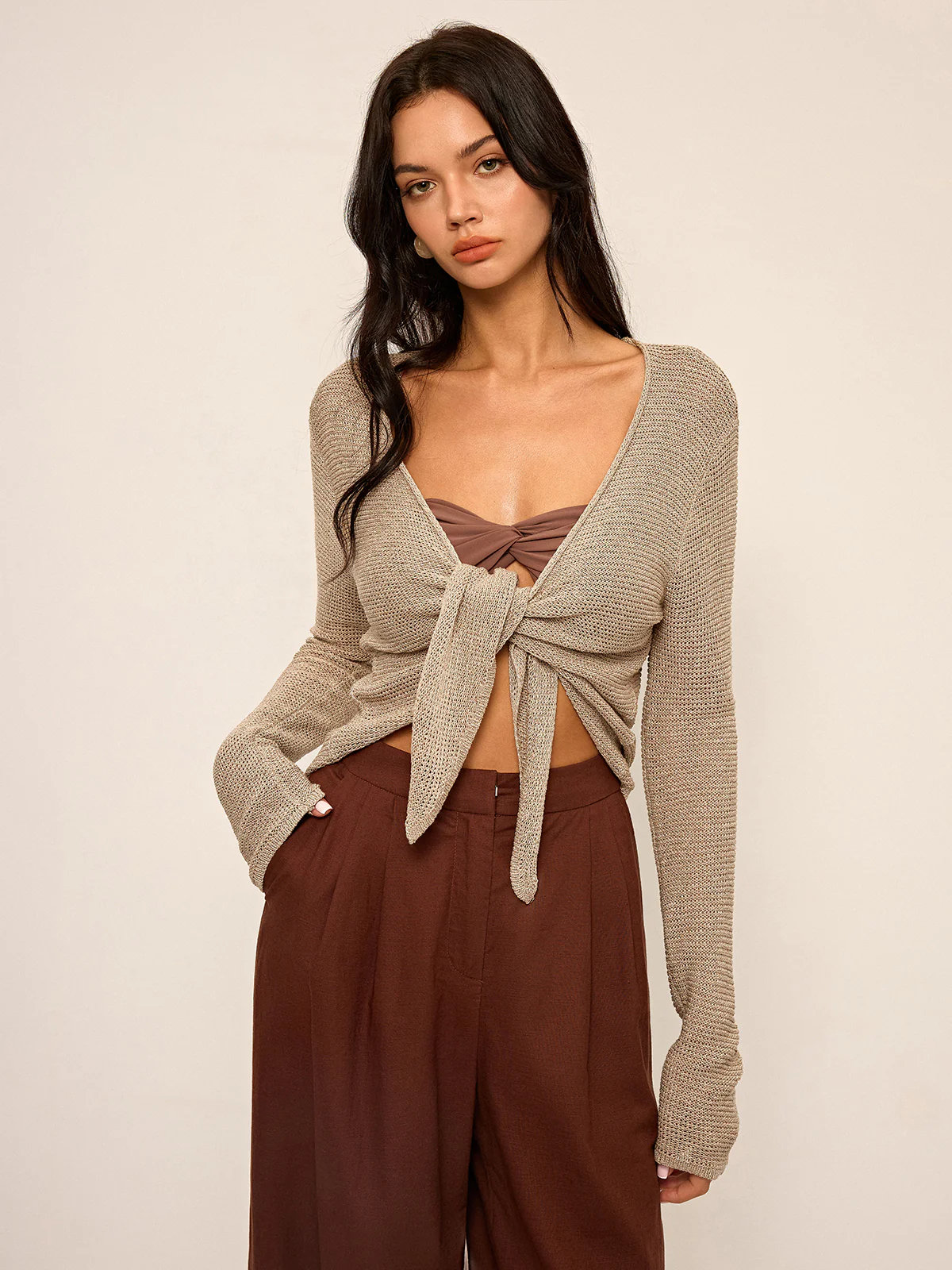 Knotted Front Long Sleeve Knit Top - Wholesalesil