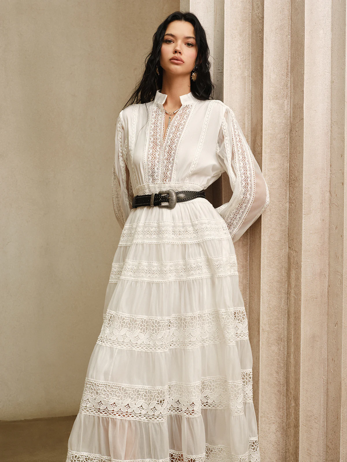 Semi-Sheer Lace Panel Maxi Dress without Belt - Wholesalesil