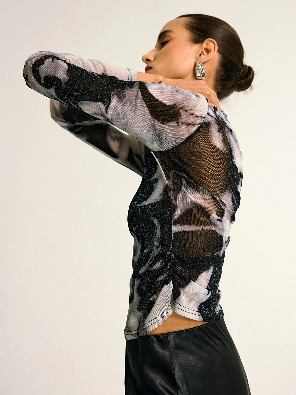 Semi-Sheer Long Sleeve Mesh Marble Print Blouse - Wholesalesil