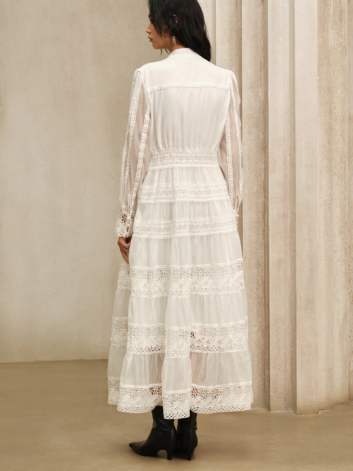 Semi-Sheer Lace Panel Maxi Dress without Belt - Wholesalesil