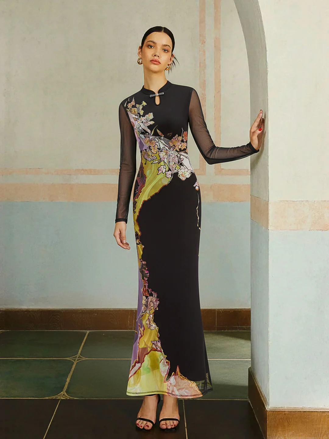 Mesh Long Sleeve Floral Print Maxi Dress - Wholesalesil
