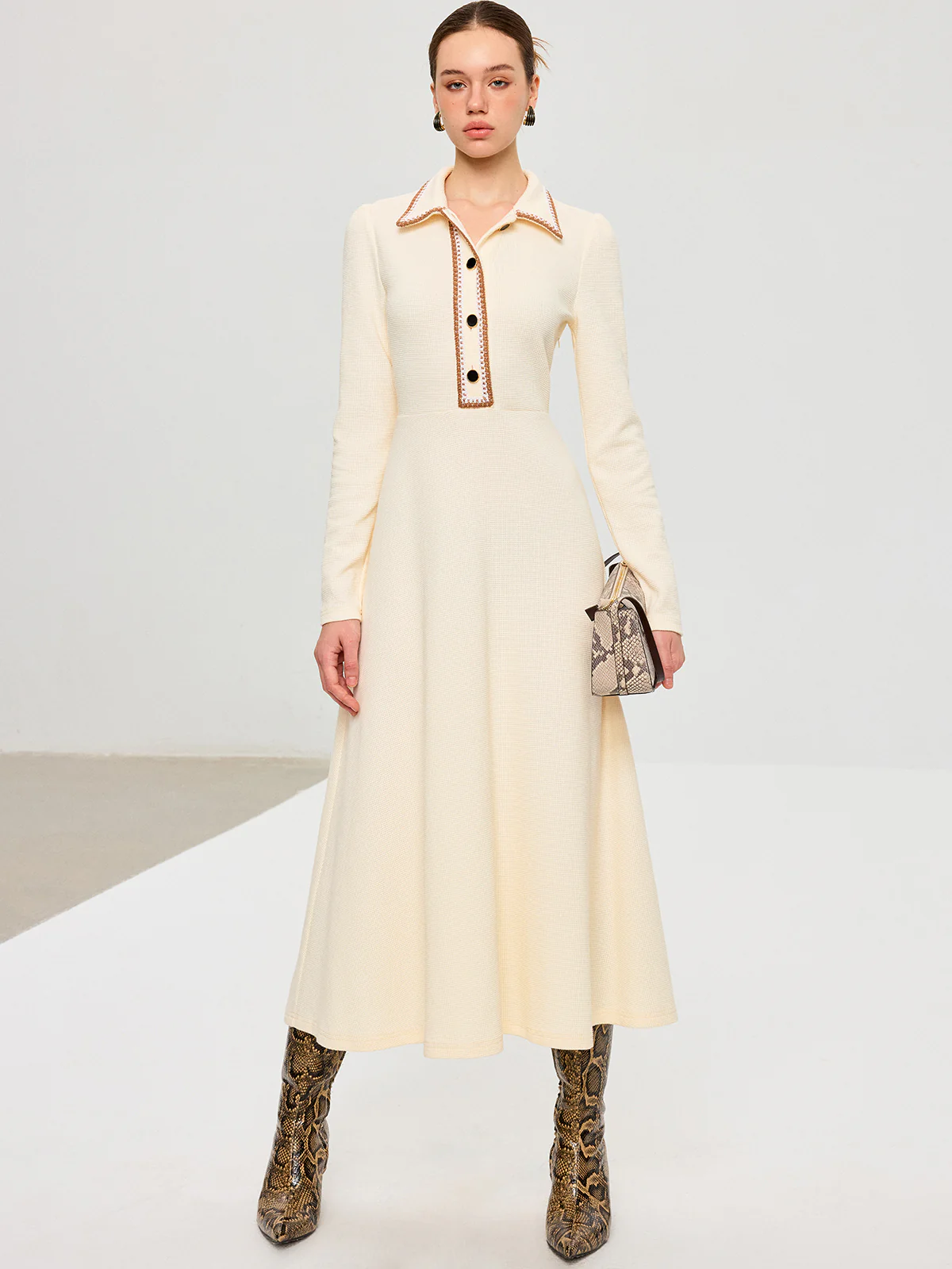 Contrast Trim Collared Midi Dress - Wholesalesil