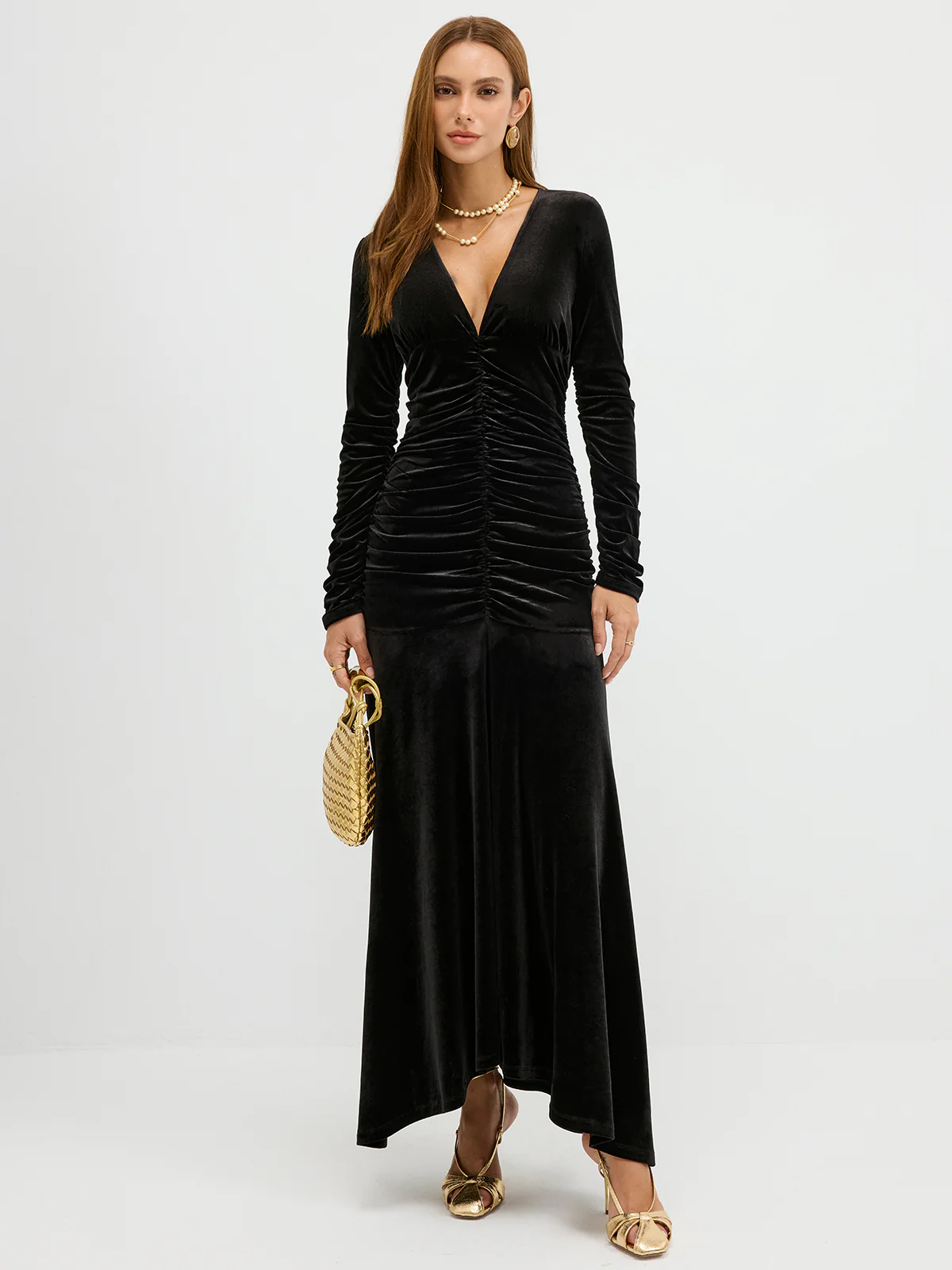 Velvet Ruched Plunge Maxi Dress - Wholesalesil