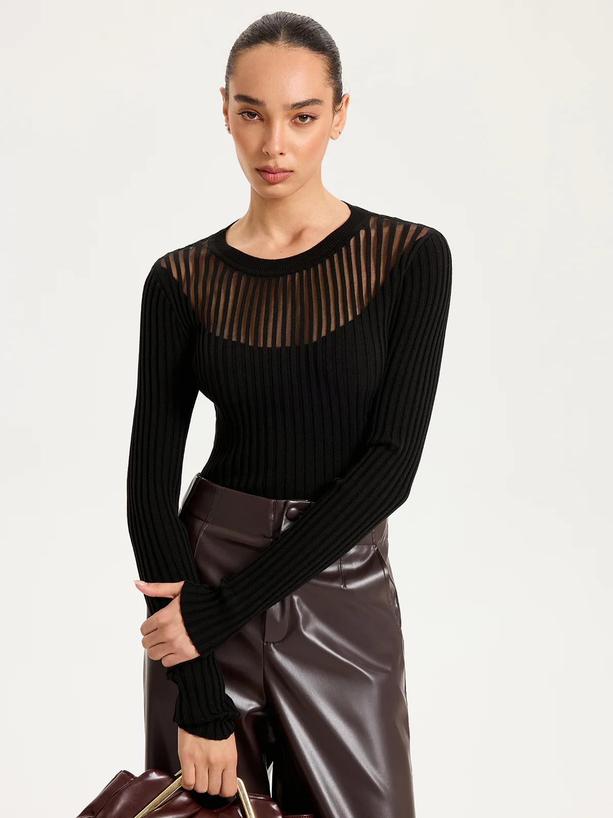 Sheer Panel Ribbed Knit Top - Wholesalesil